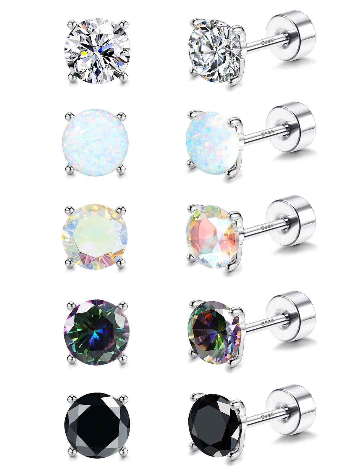 MILACOLATO 5 Pairs 925 Sterling Silver Stud Earrings for Women 6MM CZ