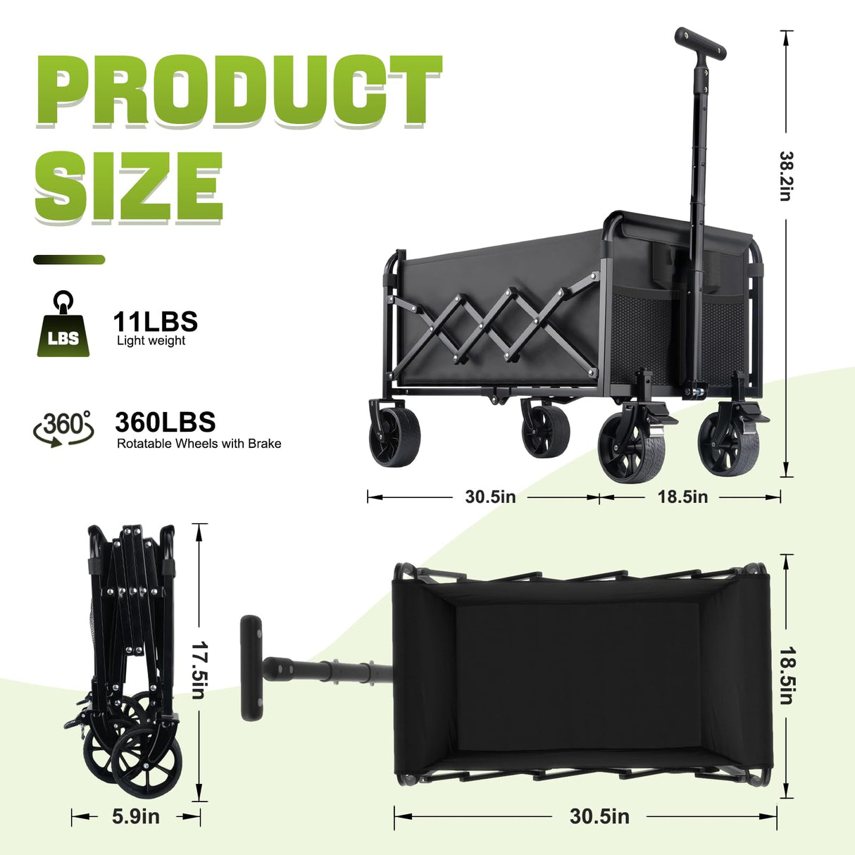 Collapsible Foldable Wagon Cart with Wheels - 360LBS Folding Utility Wagon Cart with Brakes, Lightweight Portable All-Terrain Wagons for Groceries Garden Beach Shopping Camping, 2 Cup Holders/Black