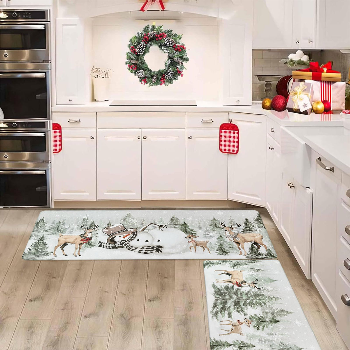 U'Artlines 2Pcs Christmas Anti Fatigue Kitchen Rugs and Mats, Christmas Tree Snowman Deer Non Slip Foam Cushioned Farmhouse Kitchen Floor Mats Comfort Standing Mats for Winter Home Decor Grey