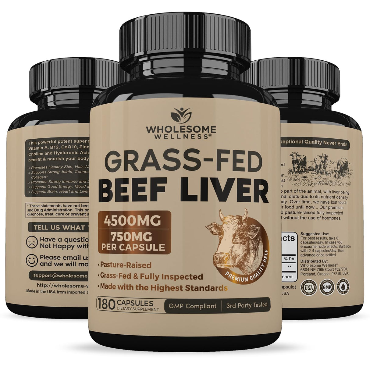 Wholesome Wellness Grass Fed Desiccated Beef Liver Capsules (180 Pills, 750mg Each) - Natural Iron, Vitamin A, B12 for Energy - Raised Undefatted in New Zealand Without Hormones or Chemicals