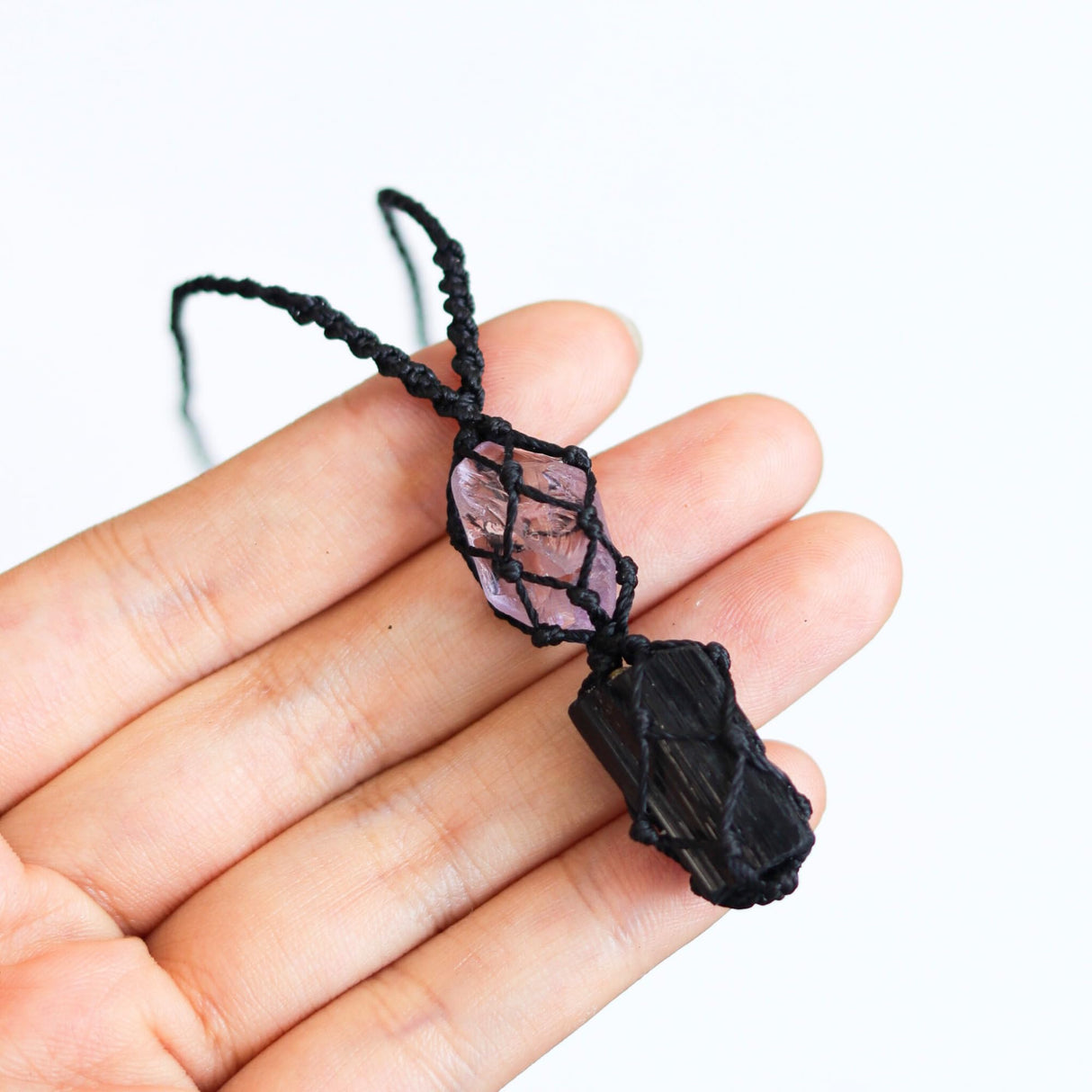 Handmade Raw Black Tourmaline & Amethyst Necklace – Macramé Crystal Pendant for Spiritual Balance, Grounding & Everyday Energy Gift for Men, Women