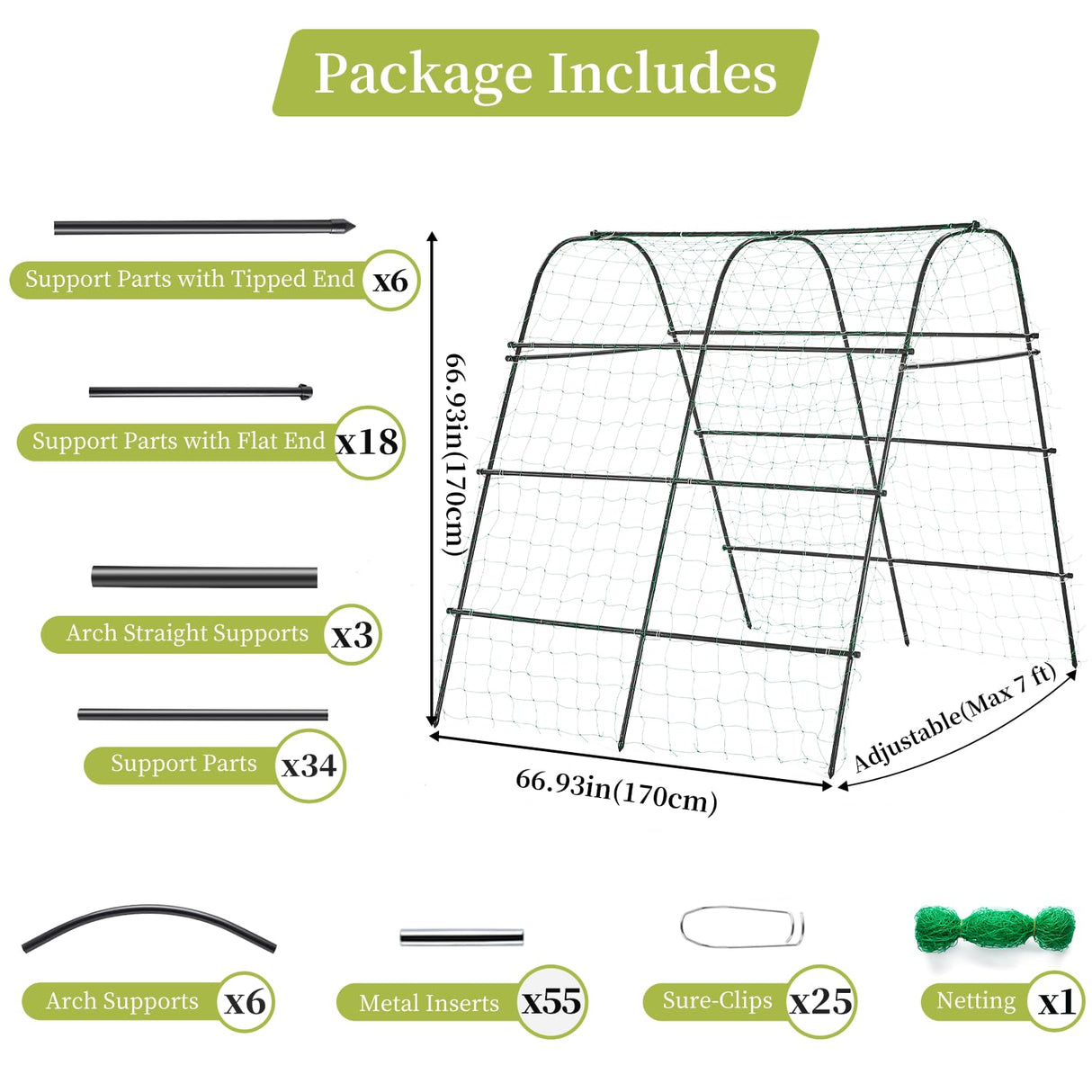 IDEA FAMILY Cucumber Trellis for Raised Bed 67" x 67" U-Frame Garden Arch Tunnel with Netting Vegetable Fruit Flower Lightweight Metal Plant Support for Climbing Plants Outdoor,Black