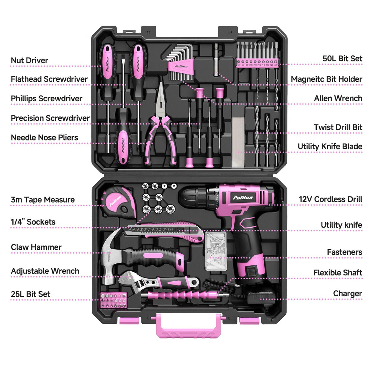 PULITUO Drill Set, 149-Piece Home Tool Set with 12V Pink Cordless Drill, Tool Box, Hand Tool Kits for Women & Men and DIY Enthusiasts, for Home Improvement