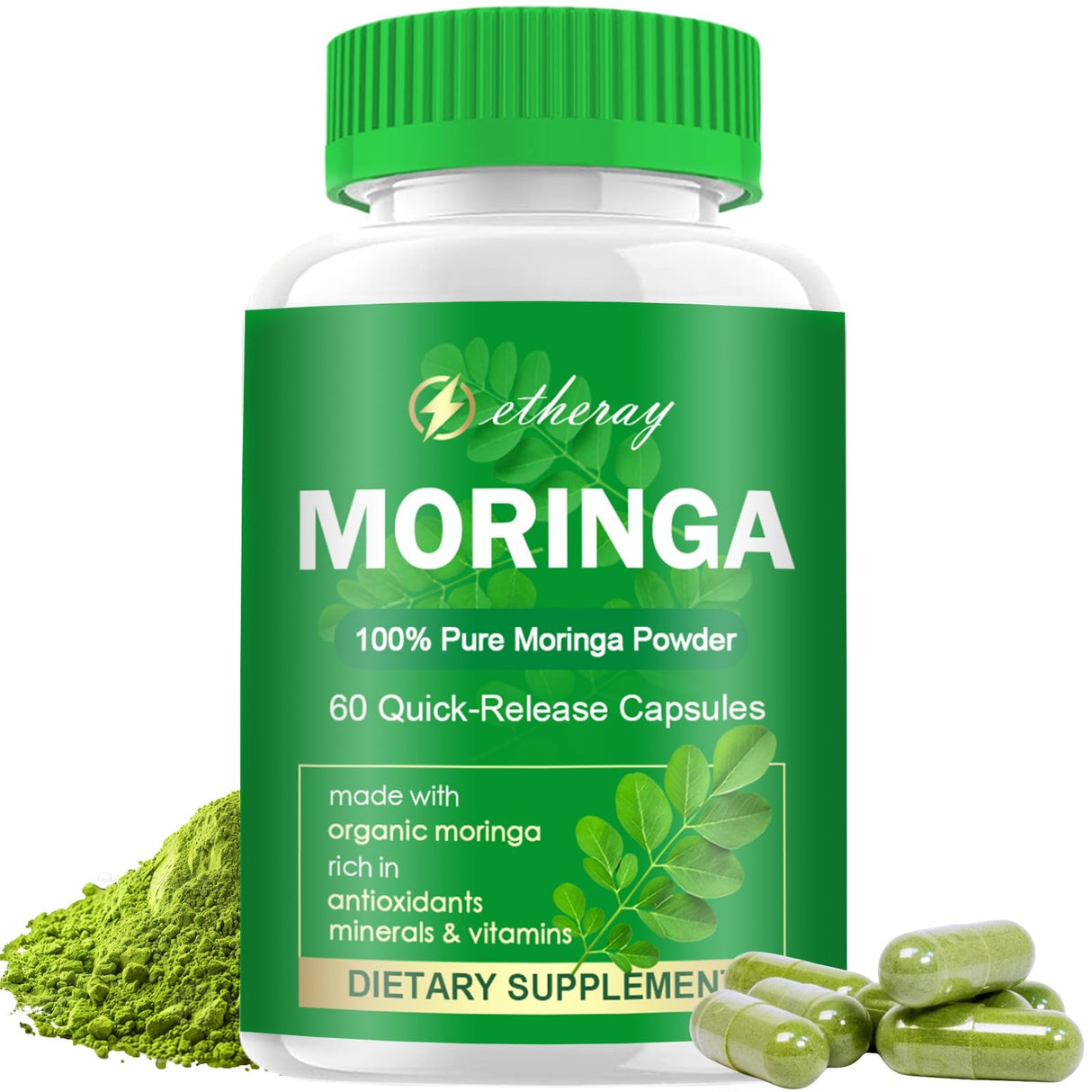 etheray Moringa Capsules, Pure Moringa Powder 800mg per Serving - Rich in Antioxidants Multi Minerals & Vitamins | Green Superfood - Supports Energy, Skin Health, Gut Health - 60 Capsules