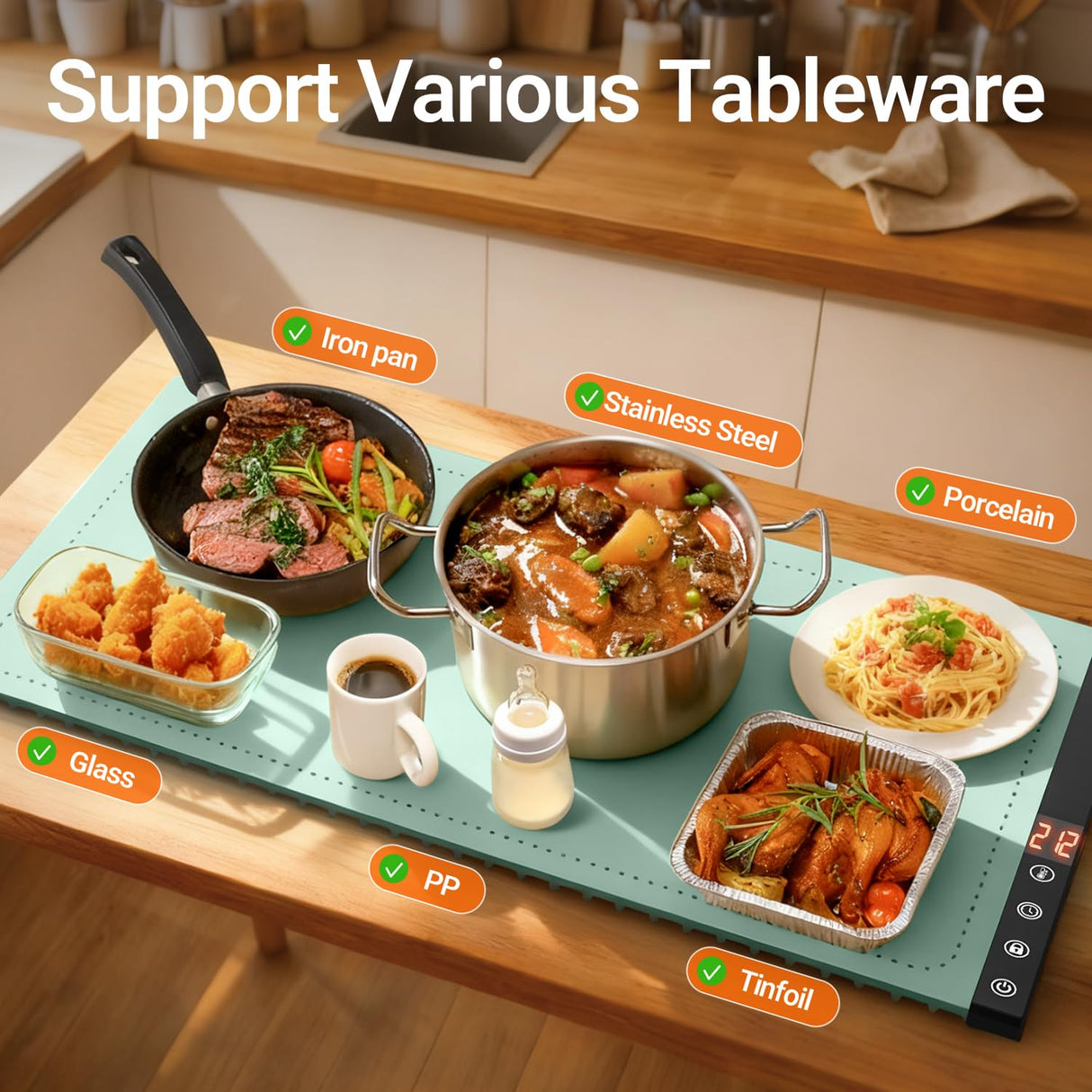 Warming Mat for Food - Full Surface Rapid Heating, Rollable & Portable Food Warmer Mat with 6 Temperature Settings and 1-4 Hours Adjustable Timer, Silicone Heating Mat for Party Buffet (Green-XXL)