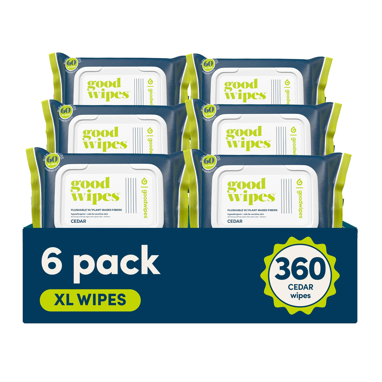Goodwipes Flushable Butt Wipes Made with Vitamin E & Aloe - Soft & Gentle Wet Wipe Dispenser for Home Use, Septic & Sewer Safe - Largest Adult Toilet Towelettes - Cedar, 360 Count (6 Packs)
