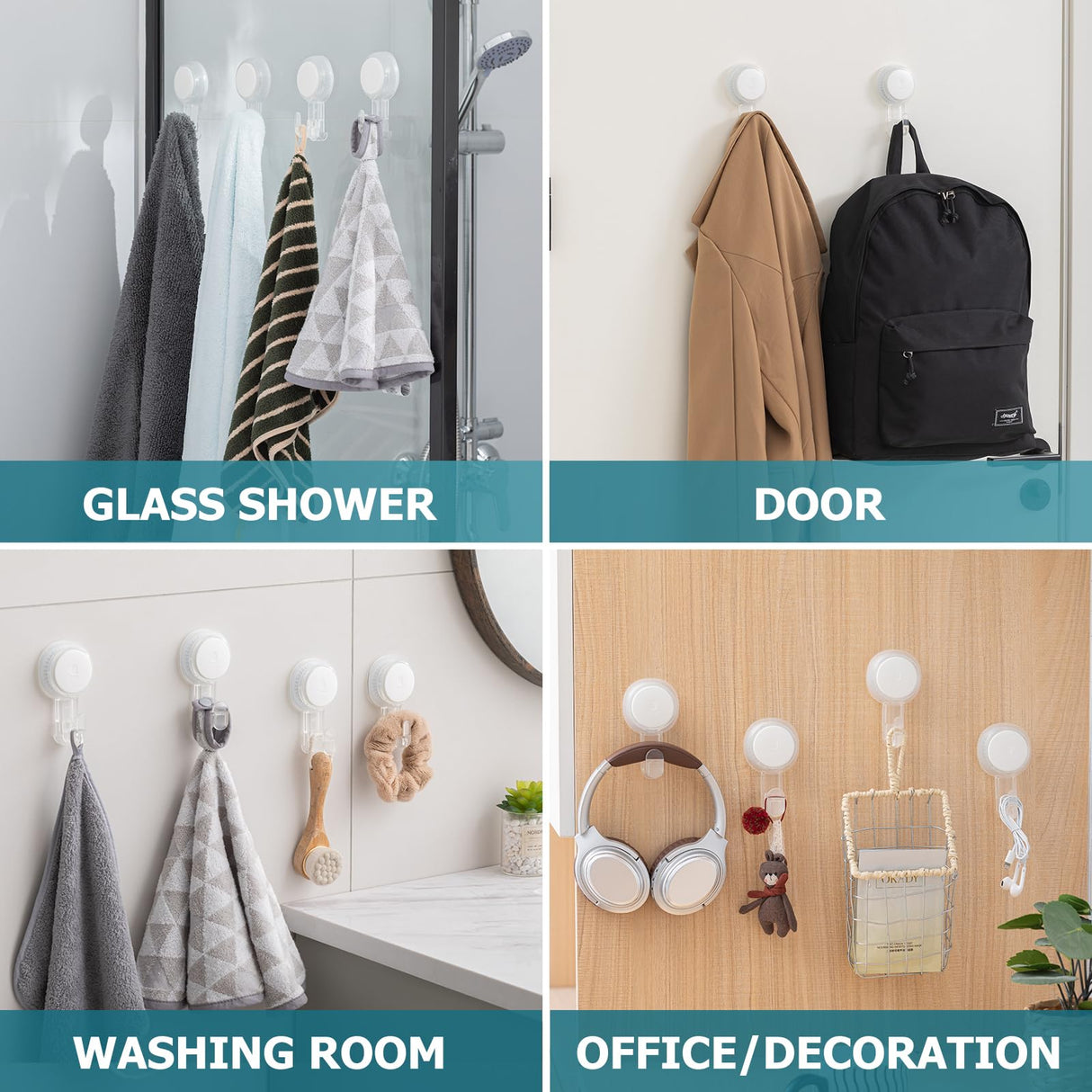 TAILI 4 Pack Powerful Suction Cup Shower Hooks for Towel, Loofah, 360° Rotatable Damage-free Hanging Versatile Wall Hooks for Inside Bathroom, Decoration, Removable Suction Holders, Easy to Use, Clear