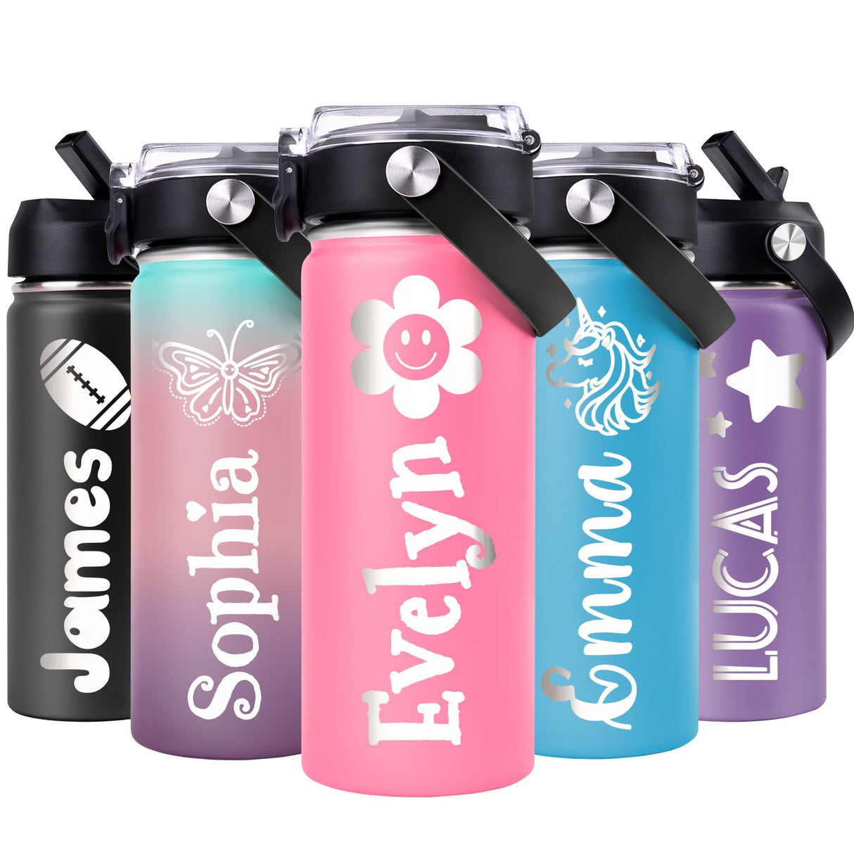 Pozetazas Personalized Water Bottles for Kids, Custom 18 oz Water Bottle for School with Engraved Name, Stainless Steel Tumbler for Kids with Straw, Birthday Christmas Gifts for Girls Boys