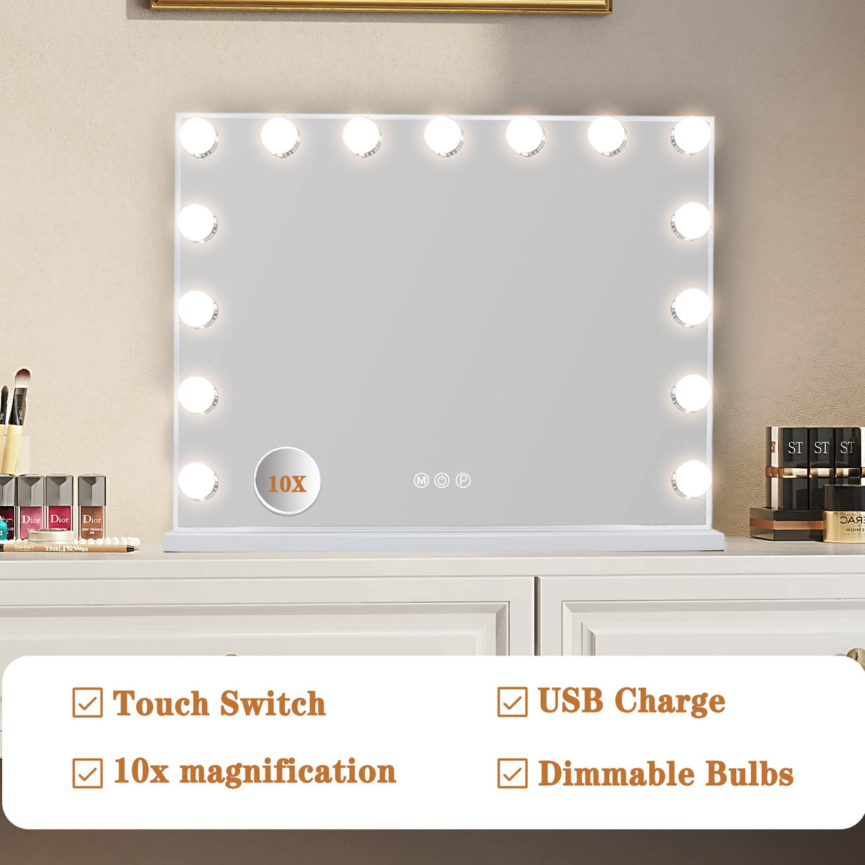Leishe Vanity Mirror with Lights 15LED Bulbs 3 Lighting Modes Lighted Makeup Mirror for Desk or Wall-Mount Hollywood Vanity Mirror with USB Charger Port and 10X Magnification (22"x18")