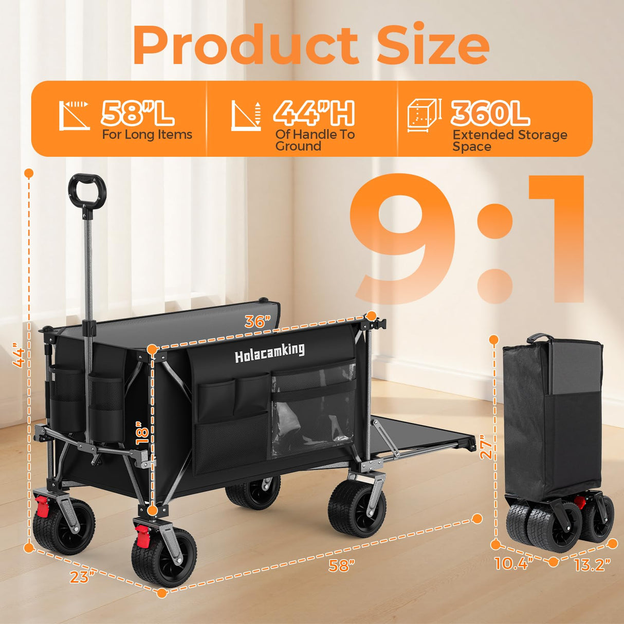 Holacamking 58" L Extender Collapsible Wagon, Extra Long with Tailgate