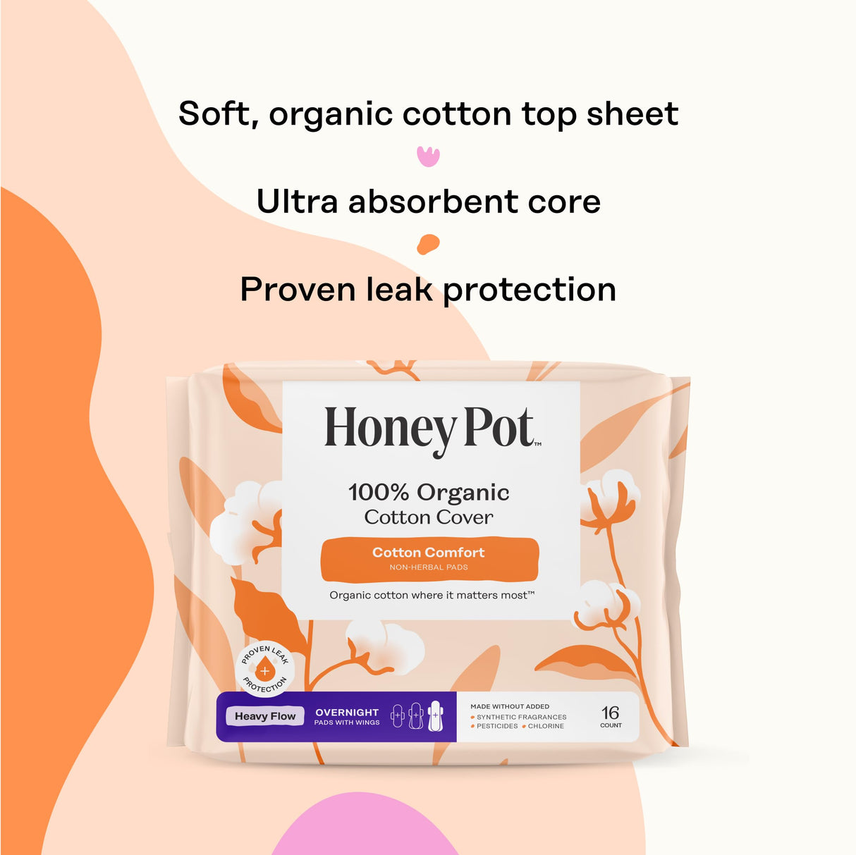 The Honey Pot Company - 64ct - Sanitary Pads for Women - Non-Herbal Heavy Overnight w/Wings - Organic Cotton Cover & Ultra-Absorbent Pulp Core - Feminine Care - FSA & HSA Eligible