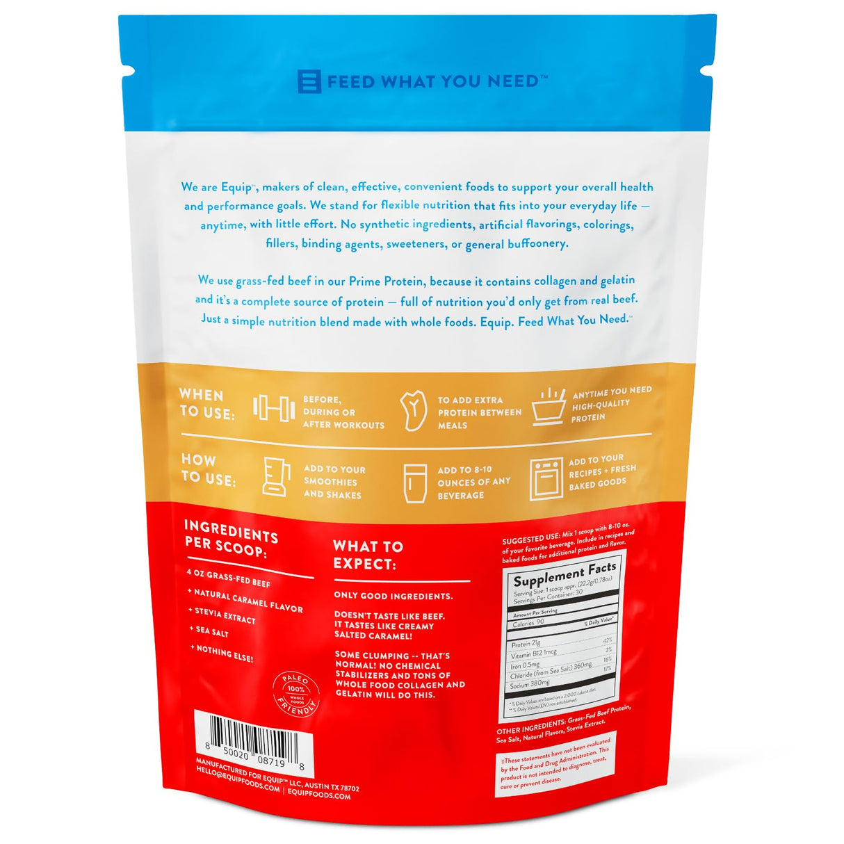 Equip Foods Prime Protein Powder | Clean, Grass Fed Beef Protein Isolate | Carnivore Protein Powder | Paleo, Keto Friendly | Gluten, Dairy Free | 30 Servings, Salted Caramel