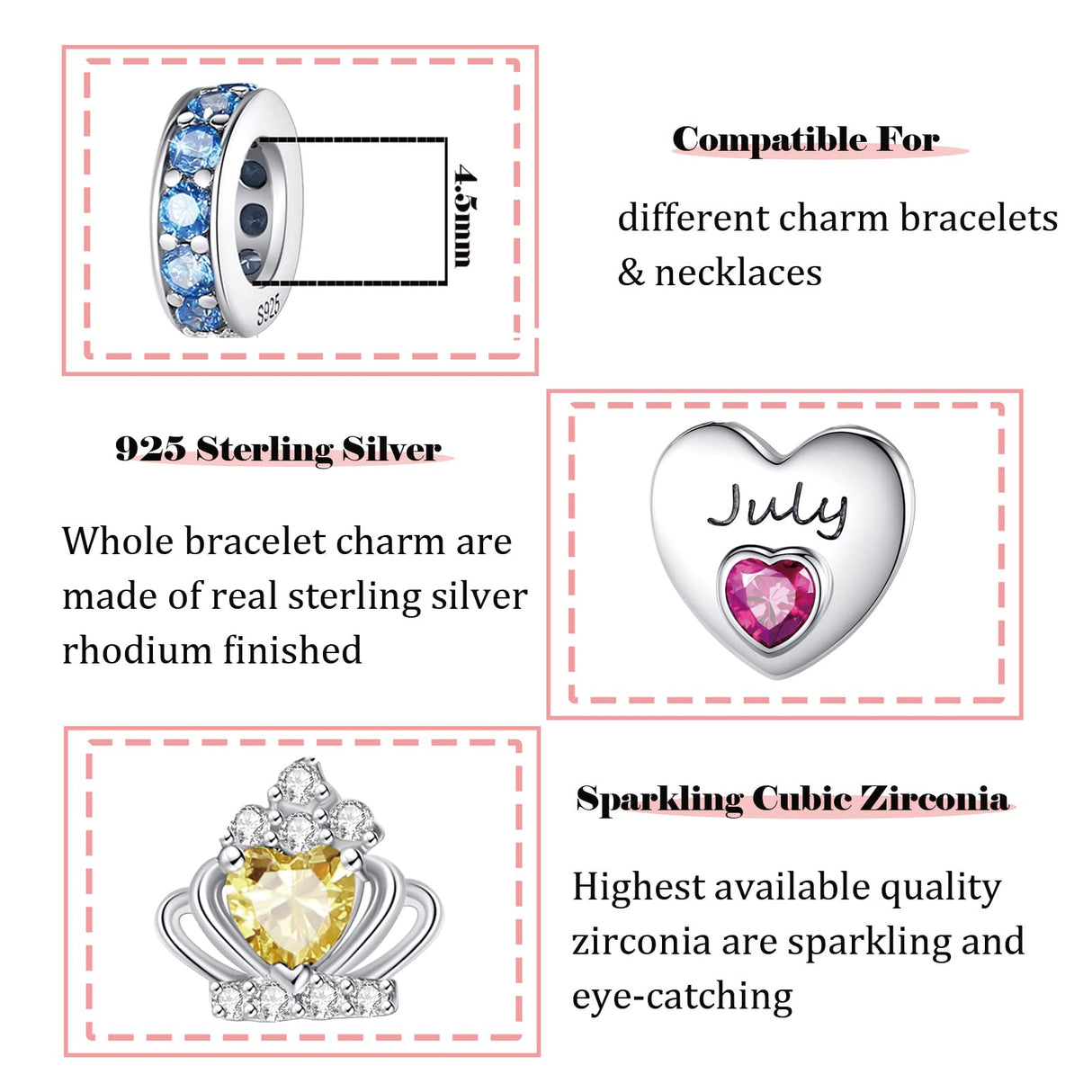 Birthstone Dangle Charms: 925 Sterling Silver Heart Bead Charms for Pandora Bracelets and Necklaces, Birthday Mother's Day Christmas Jewelry Gifts For Women (July)