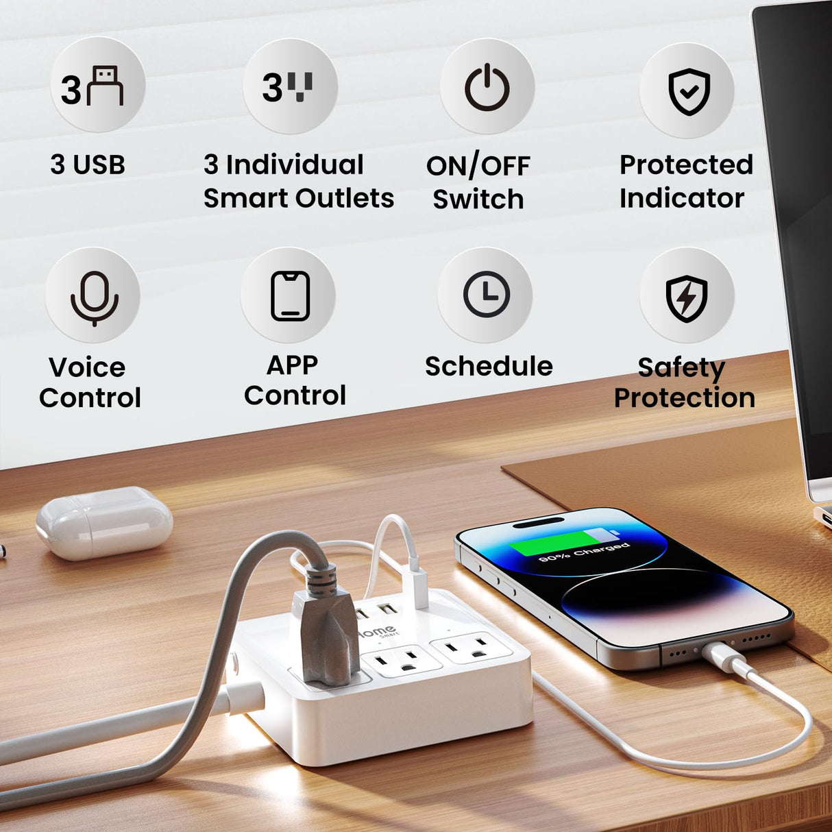 GHome Smart Plug Power Strip, WiFi Surge Protector Work with Alexa Google Home, Smart Outlets with 3 USB 3 Charging Port, Multi-Plug Extender for Home Office Cruise Travel and Christmas Light, 10A