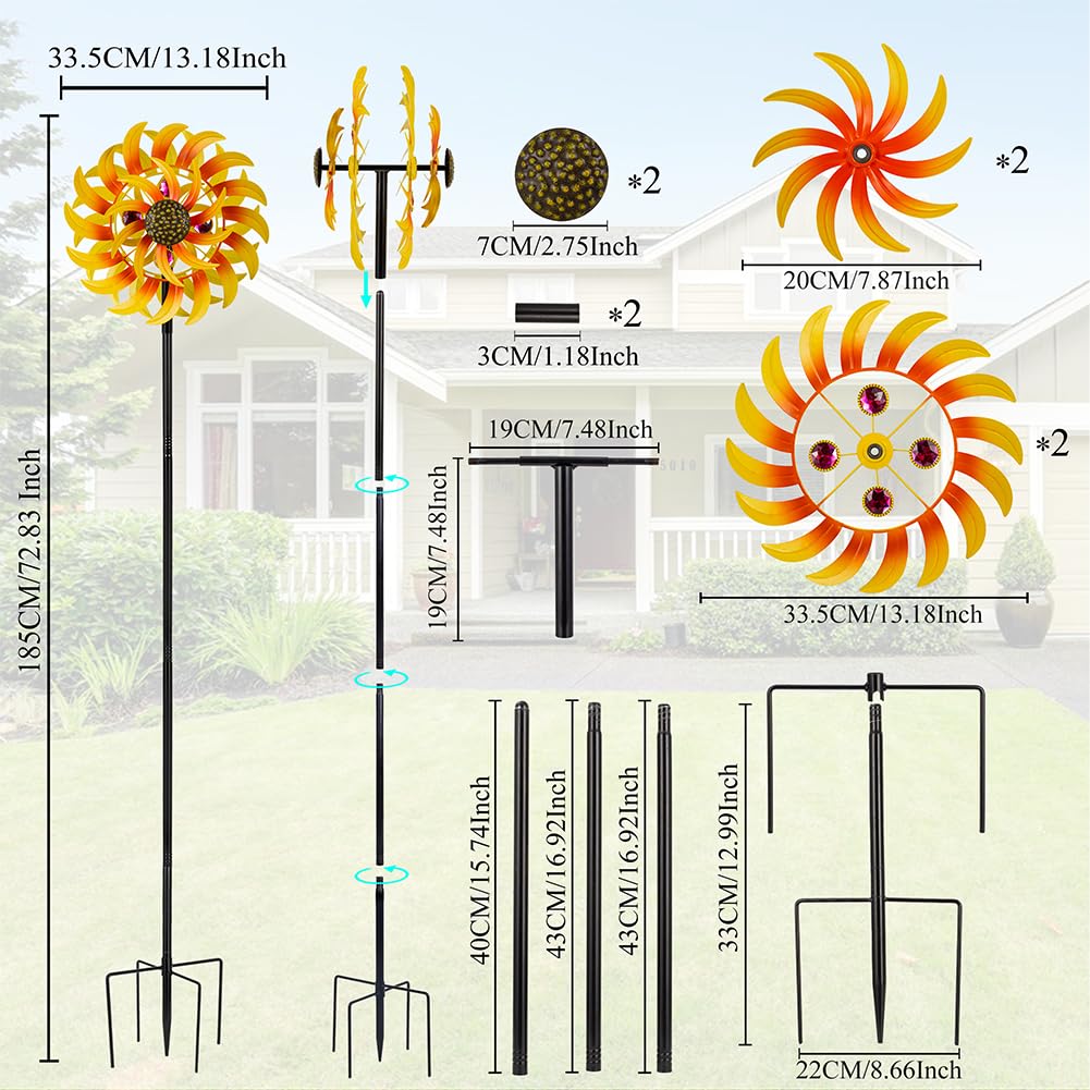VEWOSTAR Metal Sunflower Wind Spinner Outdoor,13Inch Large Double Windmill Pinwheels with Stake,Kinetic Wind Sculpture Outdoor for Yard, Garden, Lawn Decorations