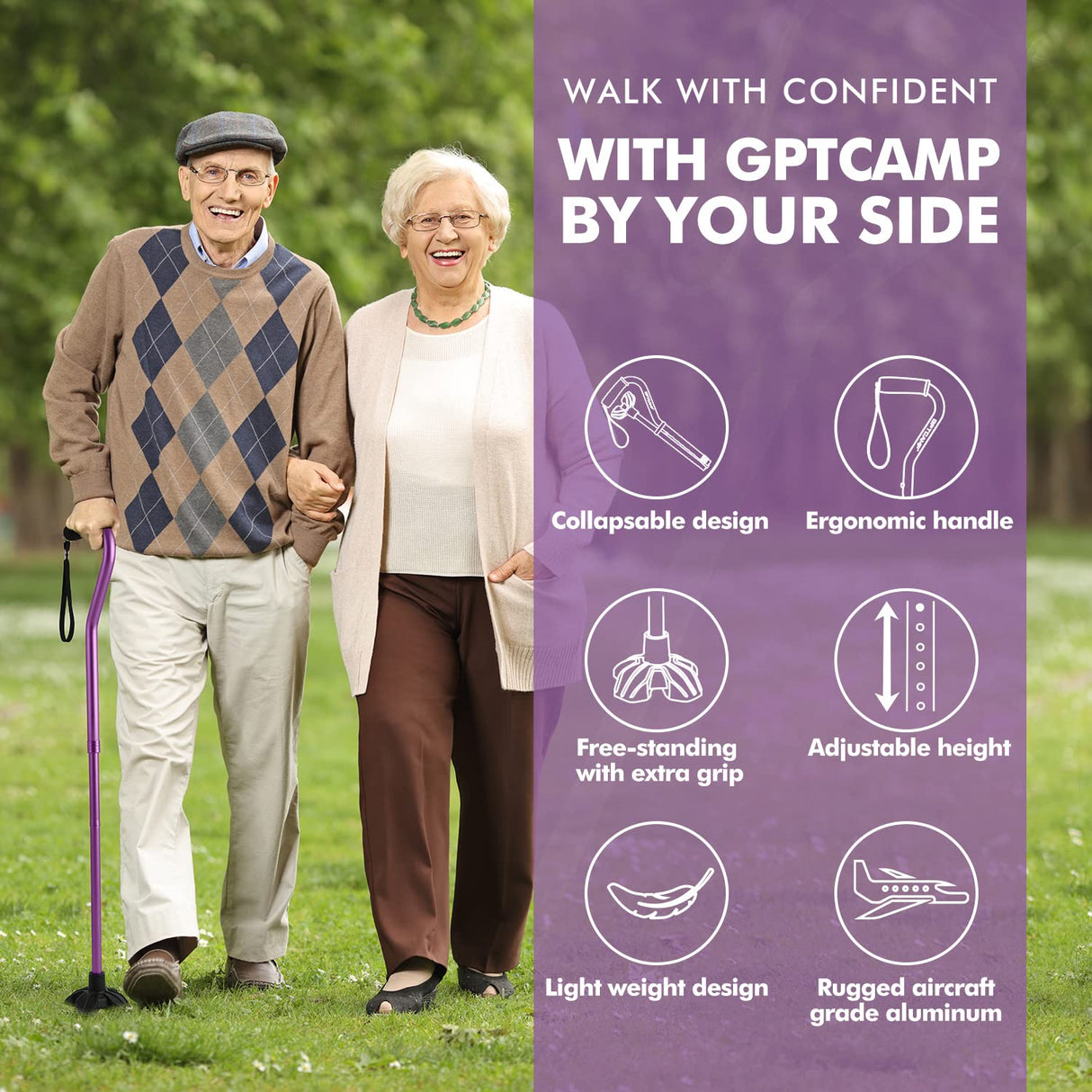 GPTCAMP G1 Walking Stick, Walking Cane for Women & Men with Wrist Strap, Lightweight & Sturdy Offset EVA Handle, Large Quad Base, Self Standing for Seniors and People with Injuries & Recovery