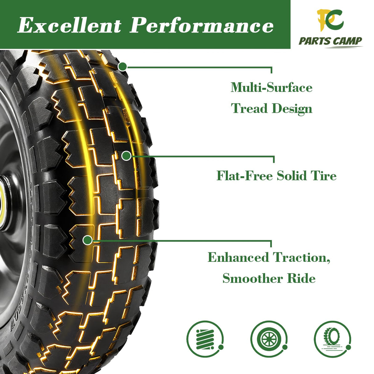 Parts Camp Replace Gorilla Cart Wheels 10" Flat-free Solid Tire and Wheel Replacement 4.10/3.50-4 tire for Hand Truck Wagon Garden Dolly Trolley With 5/8" Axle Bore Hole 2.2" Offset Hub 2-Pack