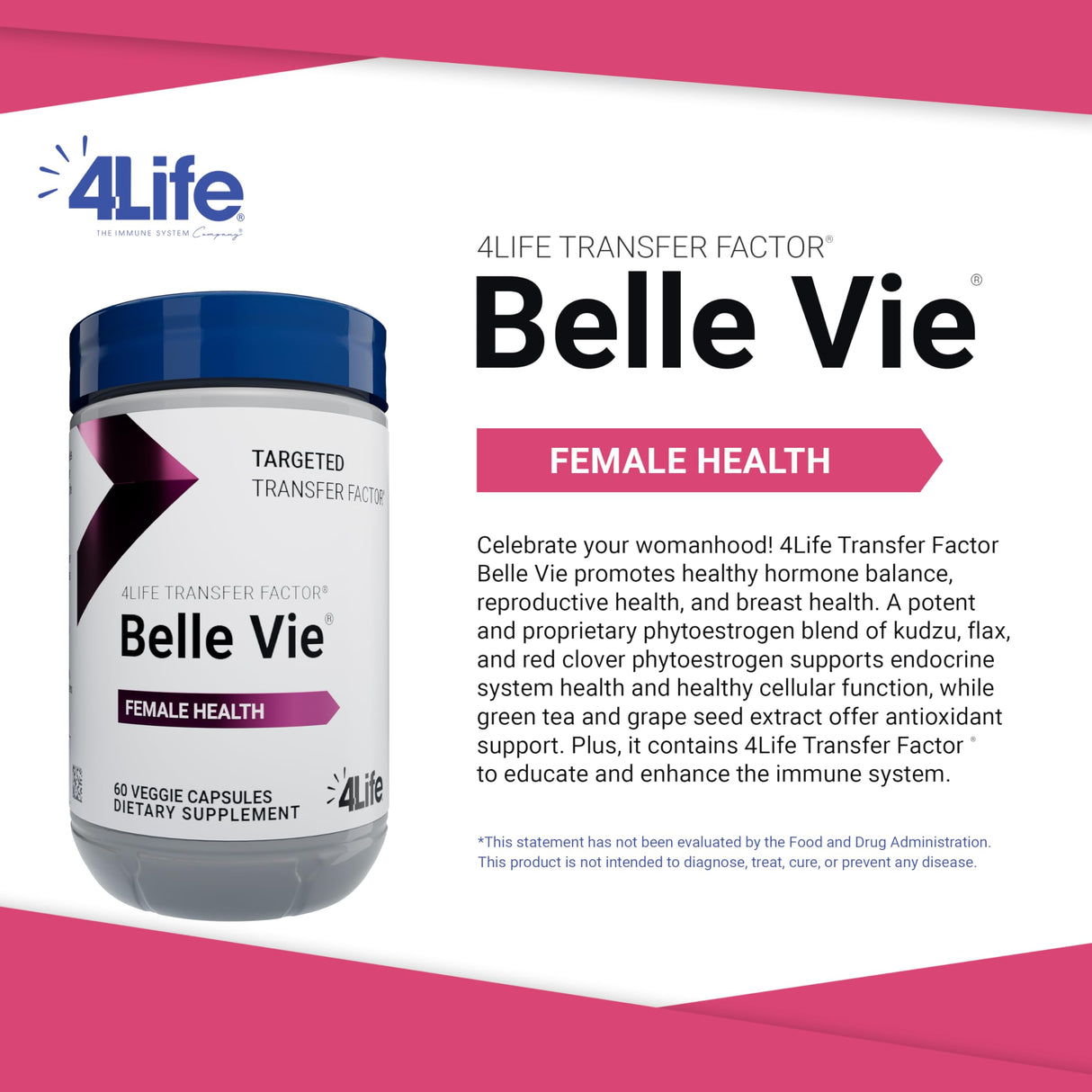 4Life Transfer Factor Belle Vie - Supports Women's Reproductive Health with Phytoestrogen Blend of Kudzu, Flax, and Red Clover - 60 Veggie Capsules