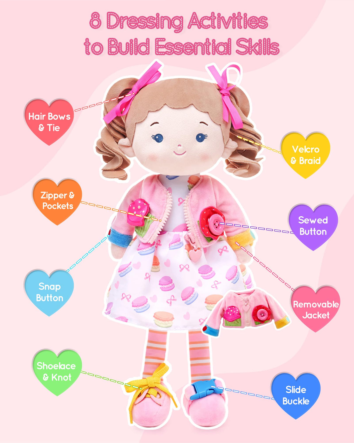 LeyaDoll Soft Bady Educational Soft Baby Doll(16''), Learning Sensory Doll for Toddlers, Montessori Toys for 2-Year-Old Girls Christmas, Birthday Gifts, Plush Doll with Button-Busy Cupcake-Girl