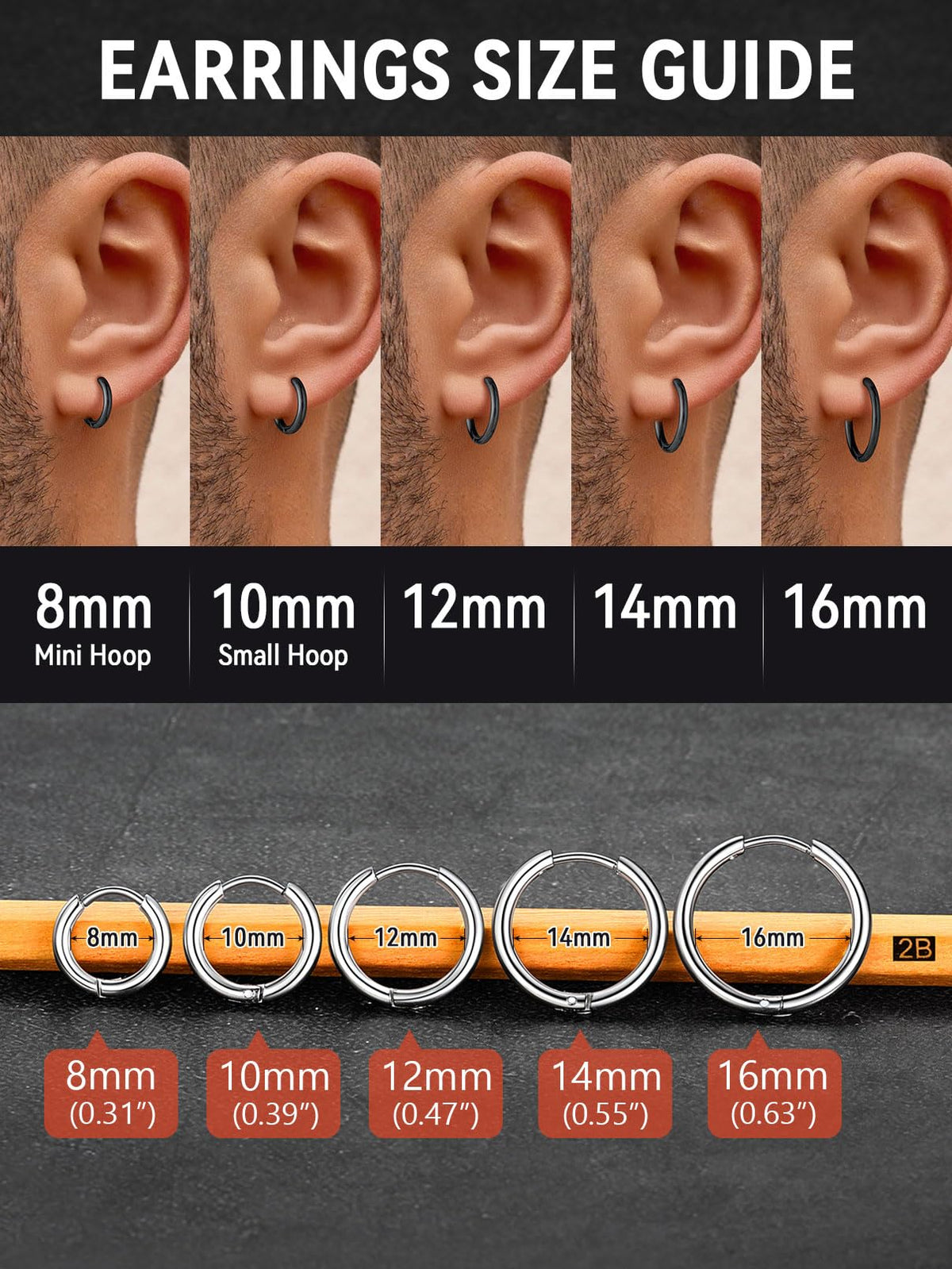 FaithHeart Stainless Steel Black Huggie Hoop Earrings for Men 10mm