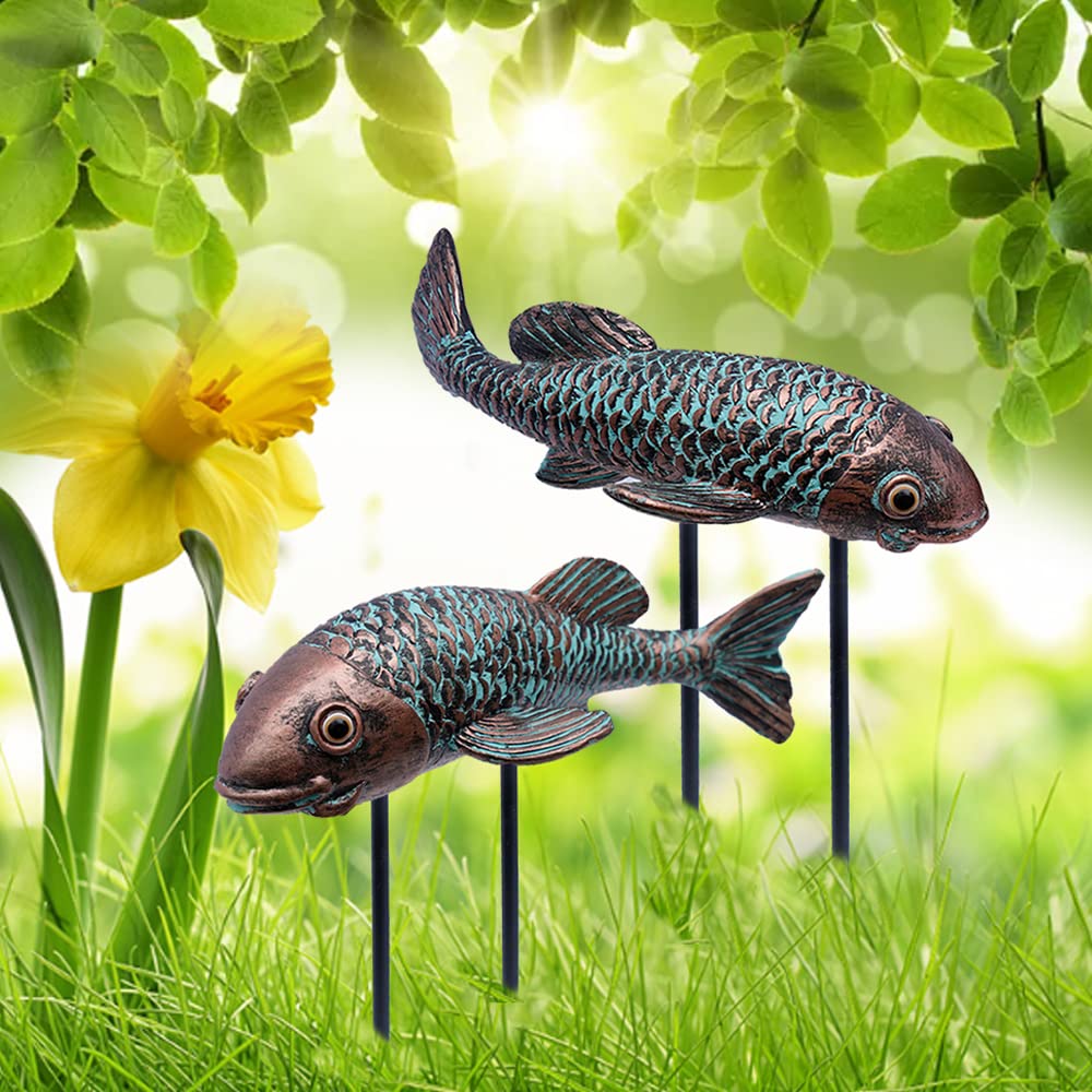 Tooyuart Garden Sculptures & Statues,Koi Fish Decor,Garden Fish Art,Set of 2 Antique Koi Fish Yard Art Decor for Outdoors,Patio,Yard,Lawn,Pond,Home Decoration (Bronz)