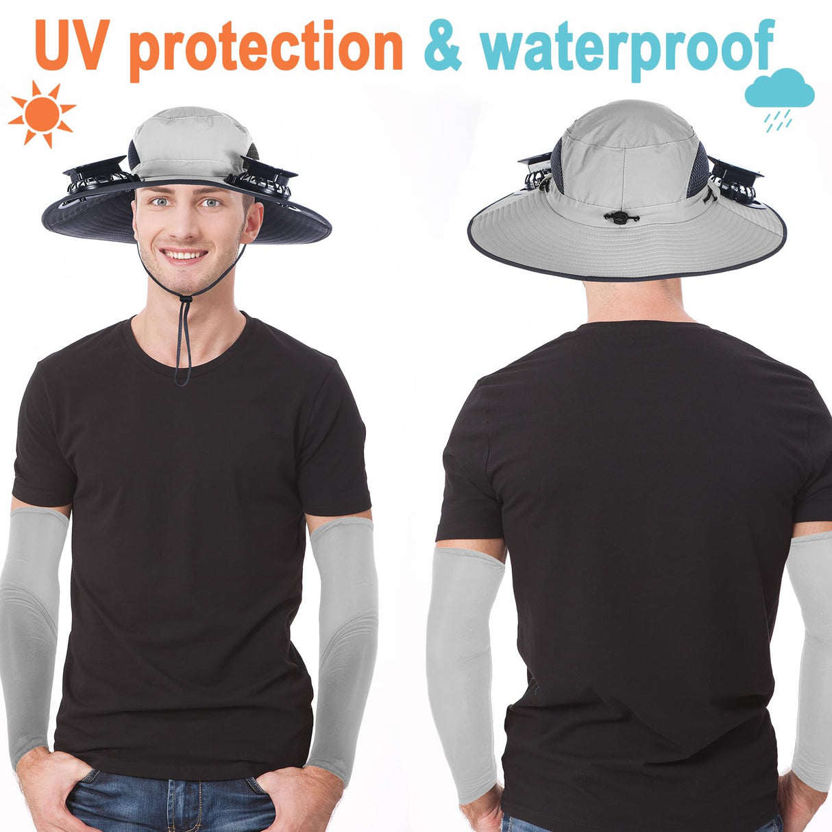 Glitopper 2 Set Wide Brim Solar Fan Hats with 2 Solar Fan and Arm Sleeves Set Outdoor Fishing Bucket Hat for Men Women Hiking(Black and Light Gray,Simplicity)