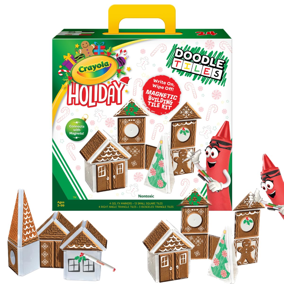 CreateOn Crayola Gingerbread House Magnetic Tiles, 24pc Holiday Christmas Building Set, STEM Educational Toys for Kids Ages 3+, Magnetic Construction Playset for Creative Learning & Gifts