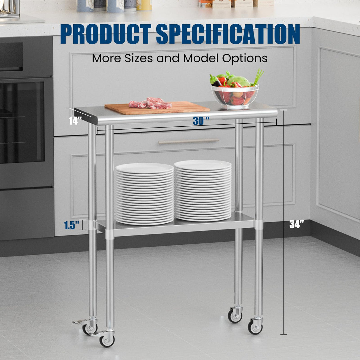 Chingoo Stainless Steel Table with Wheels 14 x 30 Inches Metal Prep Table with Adjustable Undershelf & Casters for Commercial Kitchen, Outdoor, Restaurant, Hotel & Garage
