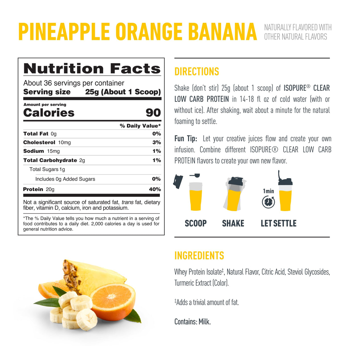 Isopure 100% Pure Whey Isolate Protein Powder Infusions, Lactose Free, Gluten Free, Naturally Flavored, Pineapple Orange Banana, 20g Protein Per Serving, 1.9 Lb, 36 Servings
