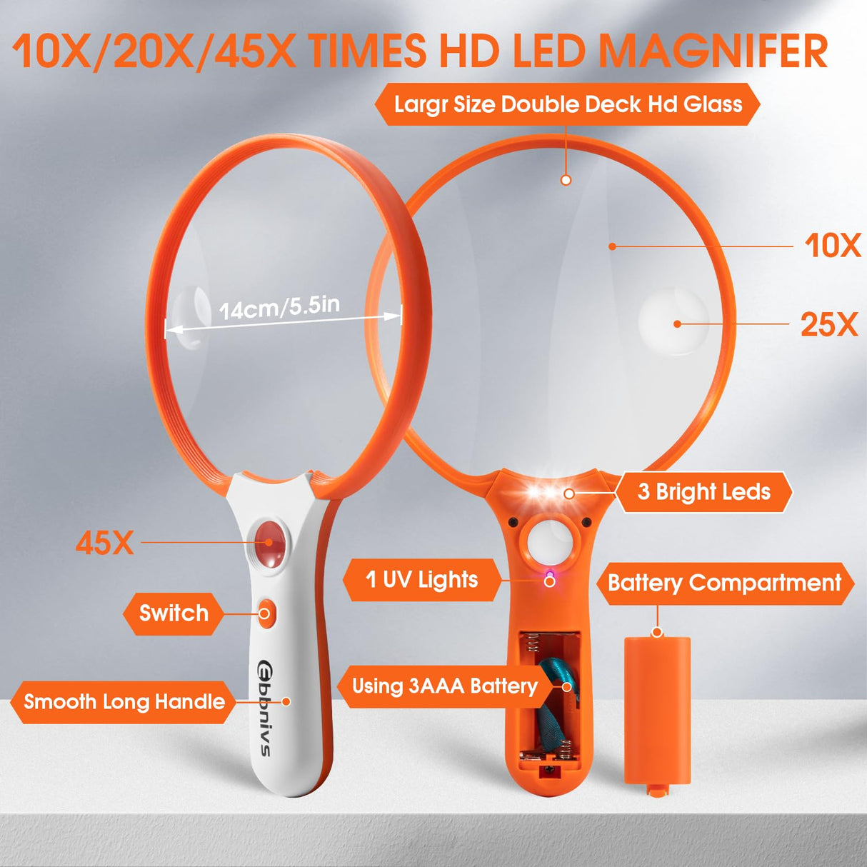 Large Magnifying Glass with Light, Magnifier 10X 20X 45X Handheld Illuminated Lighted Magnifier with 3 LED Lights 1UV Light Storage Bag Clean Cloth for Seniors Reading Inspection (Orange)