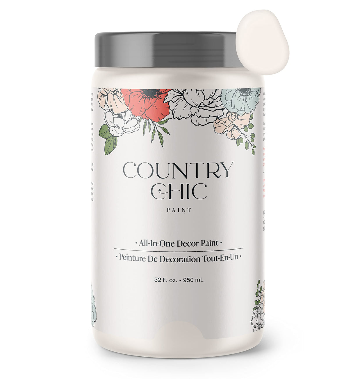Country Chic All-in-One Chalk Paint for Furniture, Cabinets, Home Decor, Eco-Friendly, Matte Finish, Built-In Primer & Top Coat for Wood, Metal - Crinoline (Off White) - Quart 32 oz (950 ml)