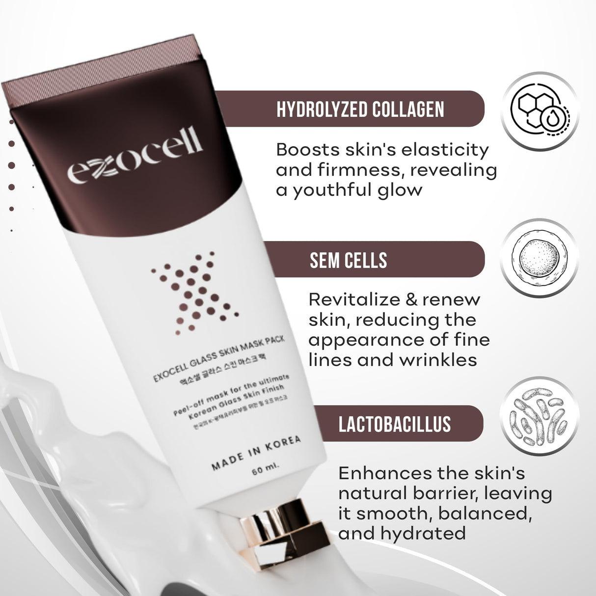 Exocell Glass Skin Mask Pack, Korean Peel-Off Mask for Ultimate Glossy Skin Finish, 60 ml
