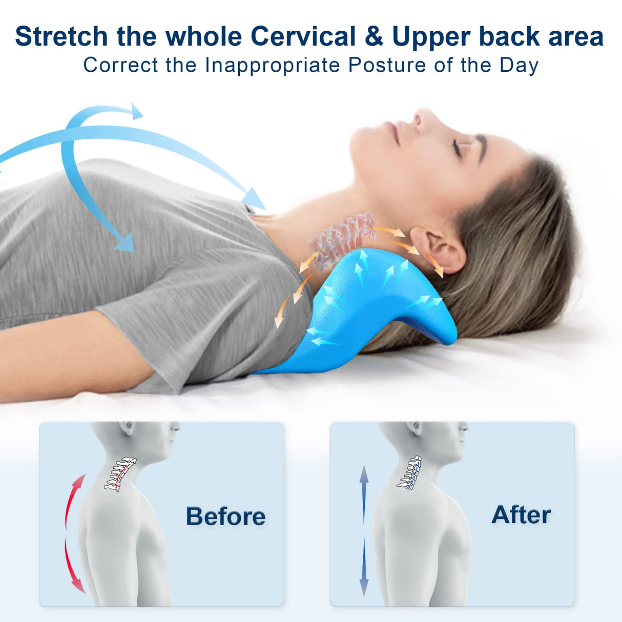 Fanlecy Neck and Shoulder Relaxer with Upper Back Massage Point, Cervical Traction Device Neck Stretcher for TMJ Pain Relief and Cervical Spine Alignment Chiropractic Pillow (Blue)