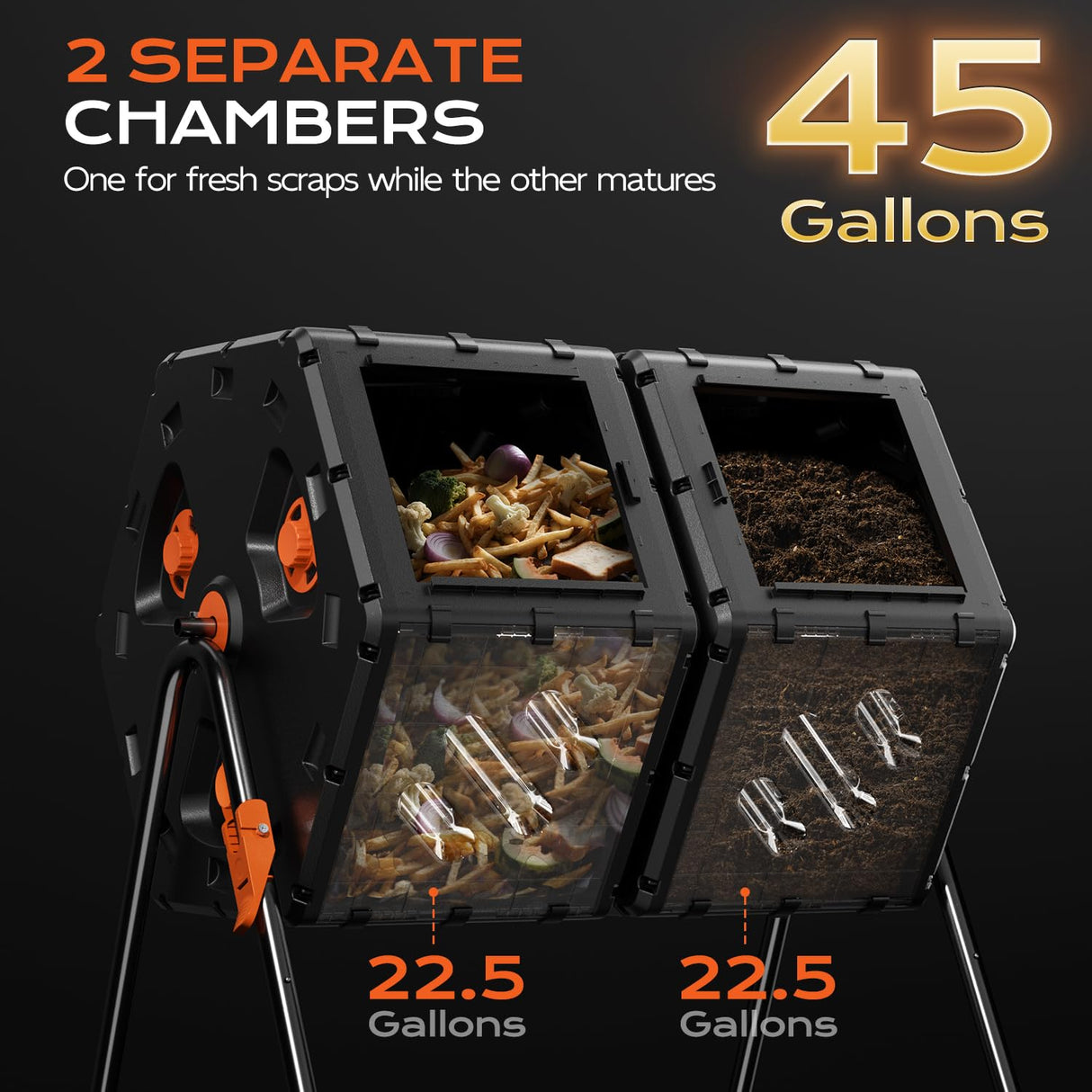 TOP XIAN Compost Tumbler Outdoor 45 Gallon/170L, Dual Chamber Large Compost Bin for Garden, Backyard, and Yard, Large Opening & Elevated Base 360°Rotating Tumbling Composter for Gardeners