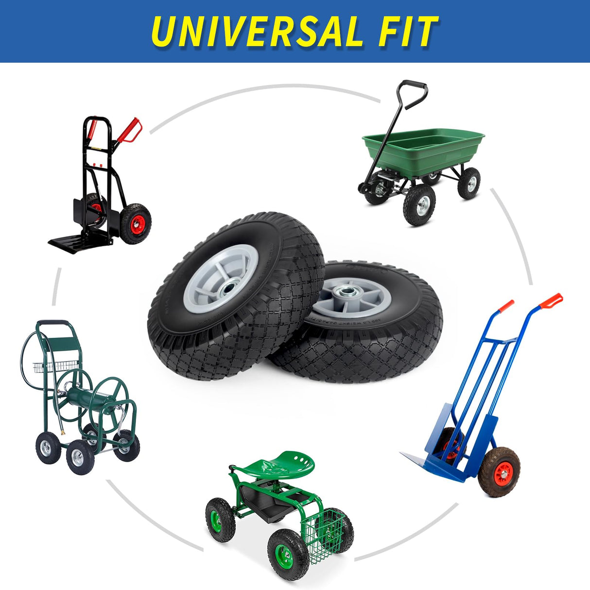 10x3.00-4 Flat Free Tire, 10" Heavy Duty Replacement Tire and Wheel Assemblies, Compatible Cosco Hand Trucks and Trolley Carts, 5/8" Axle Bore Hole, 2.2" Offset Hub, 2-Pack