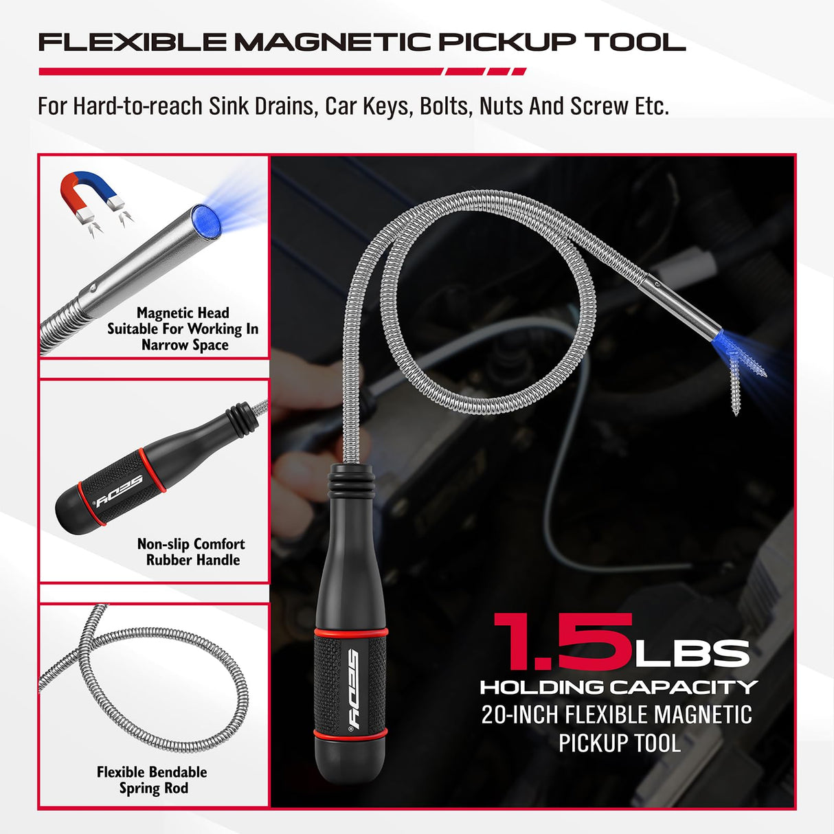 6-Piece Telescoping Magnetic Pickup Tools Set: 31in Portable Magnetic Pickup Stick, 25in Pen-Style Magnetic Pickup Tool, 20in Flexible Bendable Spring Magnet Stick with 4in 9in Magnet Parts Tray