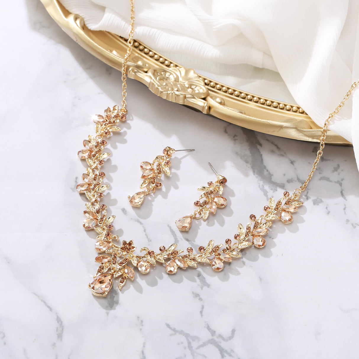 BriLove Women's Wedding Jewelry Set Leaf Flower for Bridal Prom Champagne