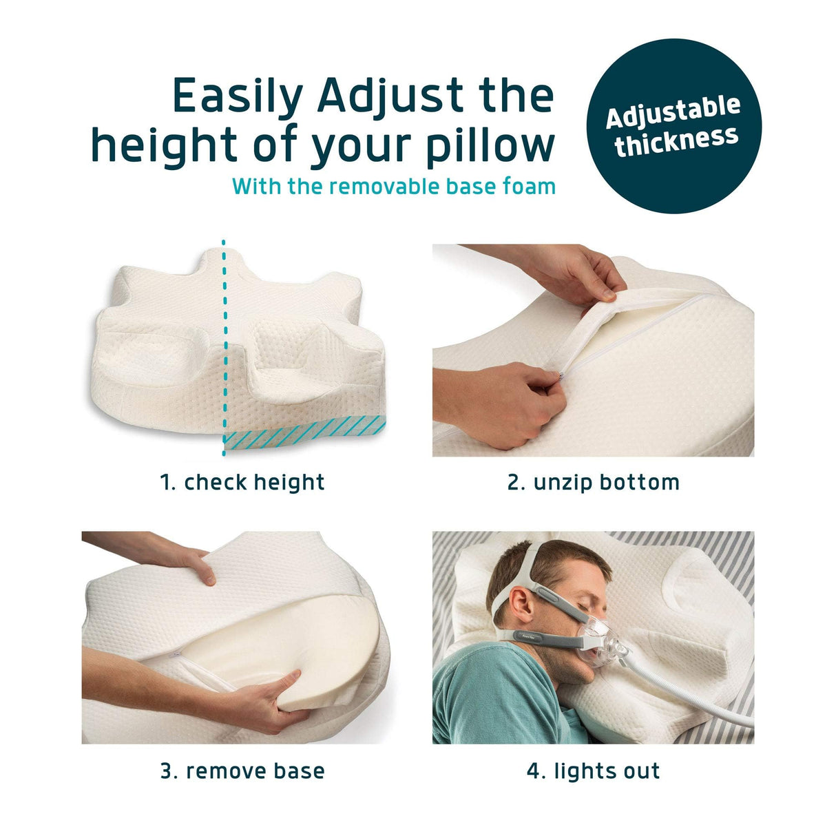 Lunderg CPAP Pillow for Side Sleepers - Includes 2 Pillowcases - Adjustable Memory Foam Pillow for Sleeping on Your Side, Back & Stomach - Reduce Air Leaks & Mask Pressure for a Better Sleep