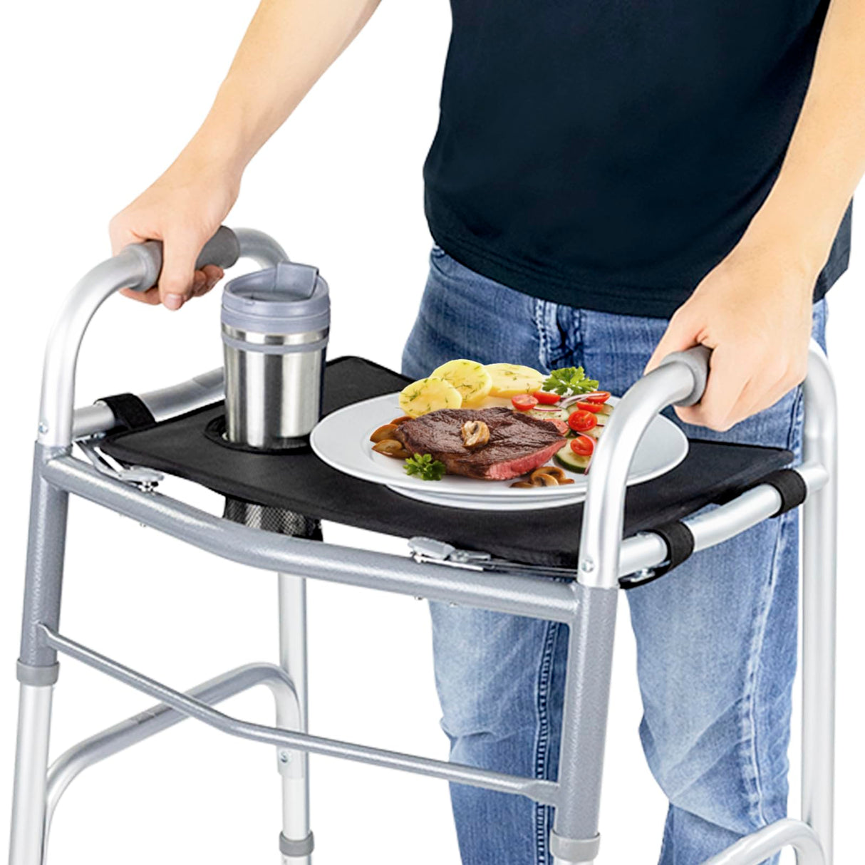 Vive Walker Tray for Folding Walker - (w/Cup Holder) - Adult Mobility Accessories - Fits Standard Walkers - Medical Table for Seniors Non Slip Mat for Food - Removable & Easy Assembly (Black)