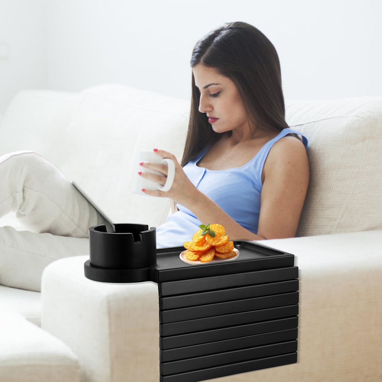 BAMBOOTRAY Couch Cup Holder Tray, 3 in 1 Large Couch Arm Table,Bamboo Sofa Clip on Tray Table with 360° Ratated Phone Holder for Couch,Armrest Tray for Drink,Snacks,Remote,Phone