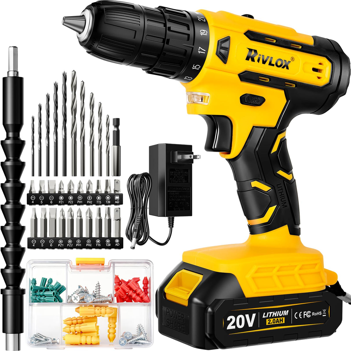 20V Cordless Drill Set,Electric Power Drill Cordless,Power Drill Drivers,Electric Screwdriver - 2.0Ah Batteries, 30Nm,21+1 Torque,2 Speed, Built-in LED,Kit for Home, Yellow