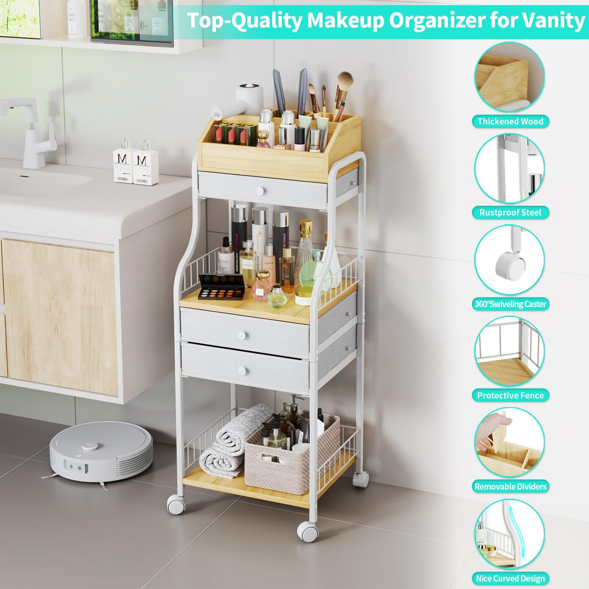 HapiRm Floor Makeup Organizer Storage - Vanity Skincare Make Up Organizers and Storage with Drawers, Cosmetics Display Cases Holder for Skin Care Nail Polish Perfume Makeup Brush