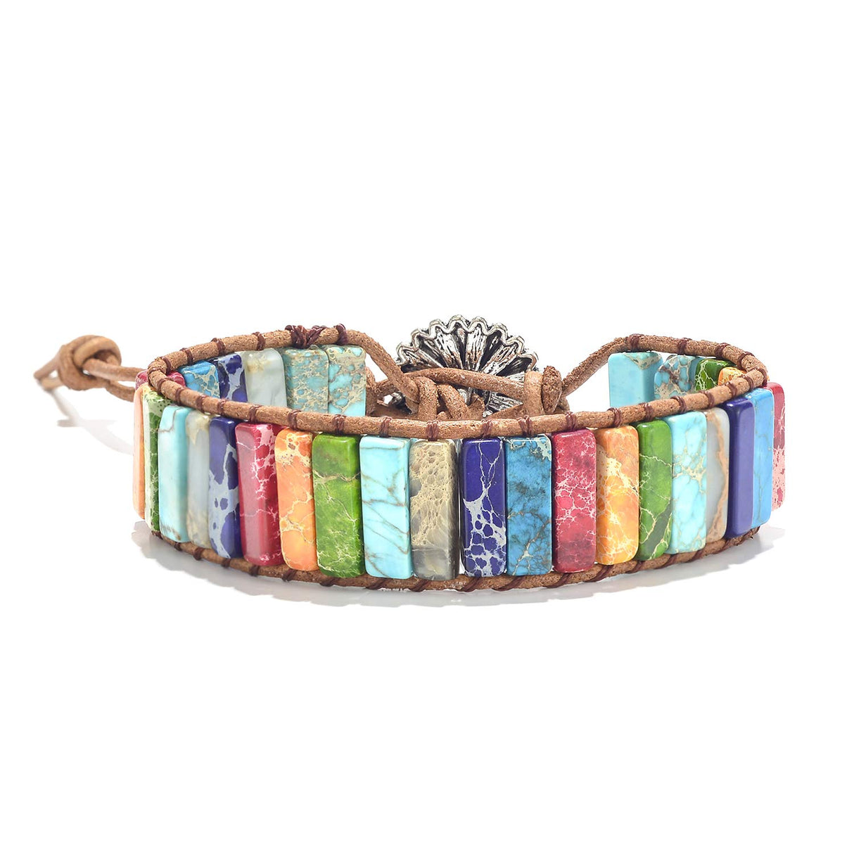 sedmart Fashion Gemstone Bracelets Handmade Bracelets Jewelry Multicolor Yoga Bracelets Friendship Boho Bracelets Leather Bracelets Rectangle Stone Healing Bracelets Sunflower Button Wrap Bracelet