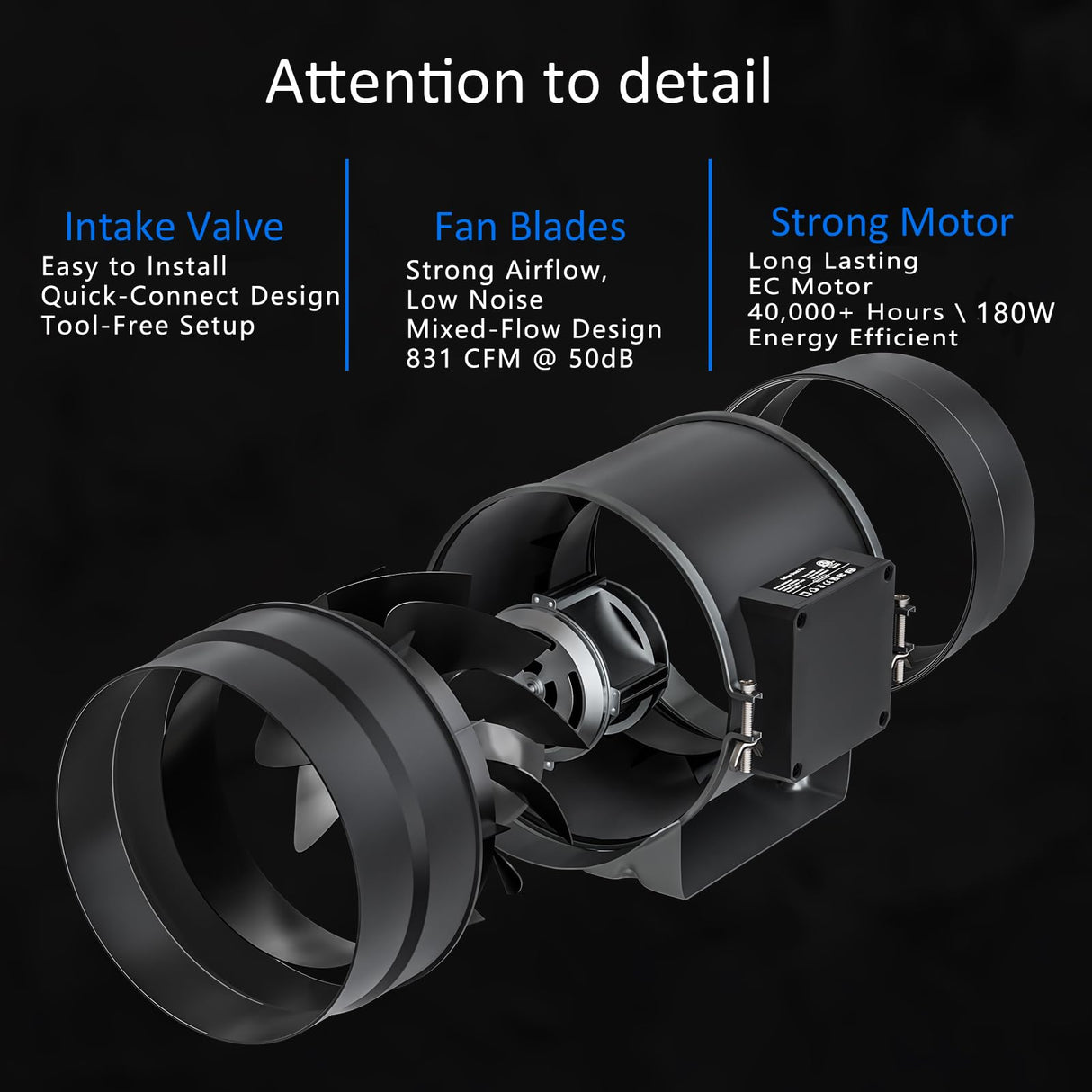 Toolazy 8 Inch Inline Duct Fan 831 CFM, EC Motor Vent Booster Exhaust Fan with 0-100% Variable Speed Controller, Ventilation Fan for Grow Tent, HVAC, Basement, Workshop, Garage, Commercial Space