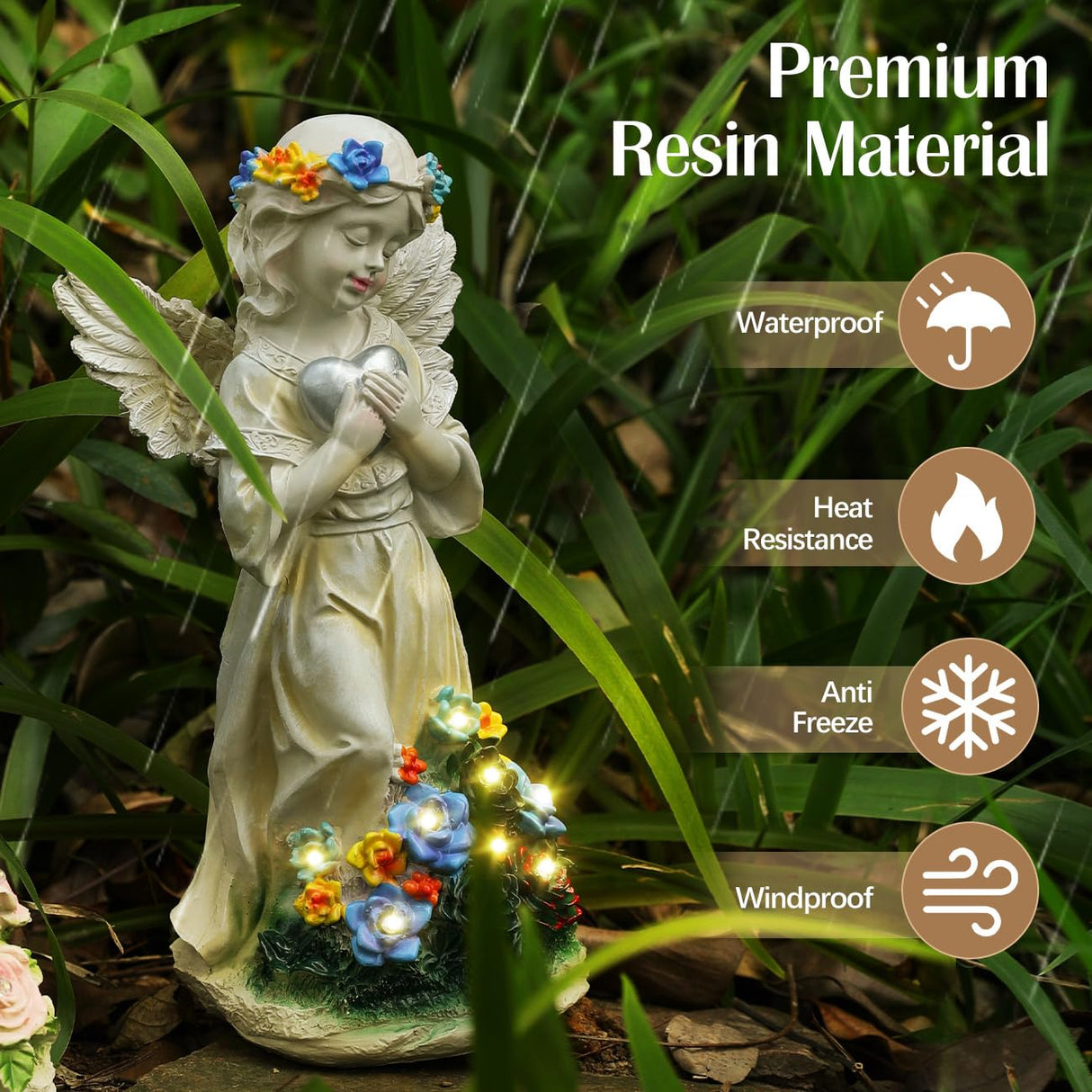 Kssiaz Angel Garden Statue 2Pcs,Love Heart Solar Garden Decor with Warm Light,Waterproof Praying Angel Statue with Flowers,Outdoor Garden Decor Sculpture for Lawn Yard Patio Garden Present,Apricot