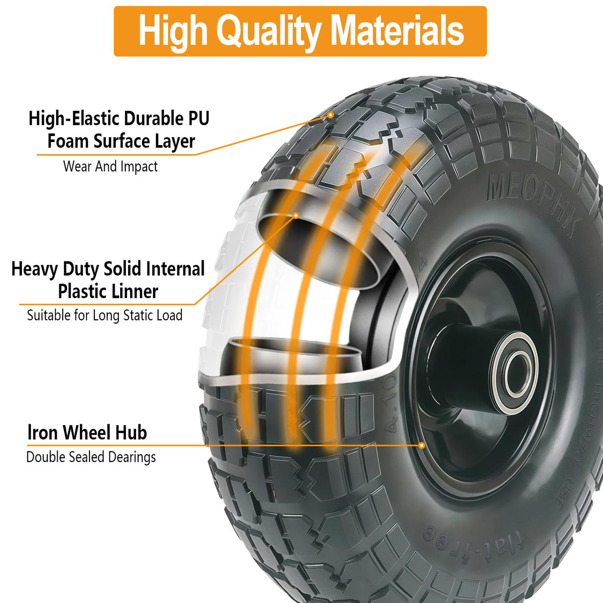 Meophk 4.10/3.50-4 Flat Free Tire and Wheel, 10 Inch Replacement Wheels for Gorilla Cart, Hand Truck, Dolly & Utility Cart, Solid Tire with 5/8" Axle Bore Hole and Double Sealed Bearings, 2 Pack