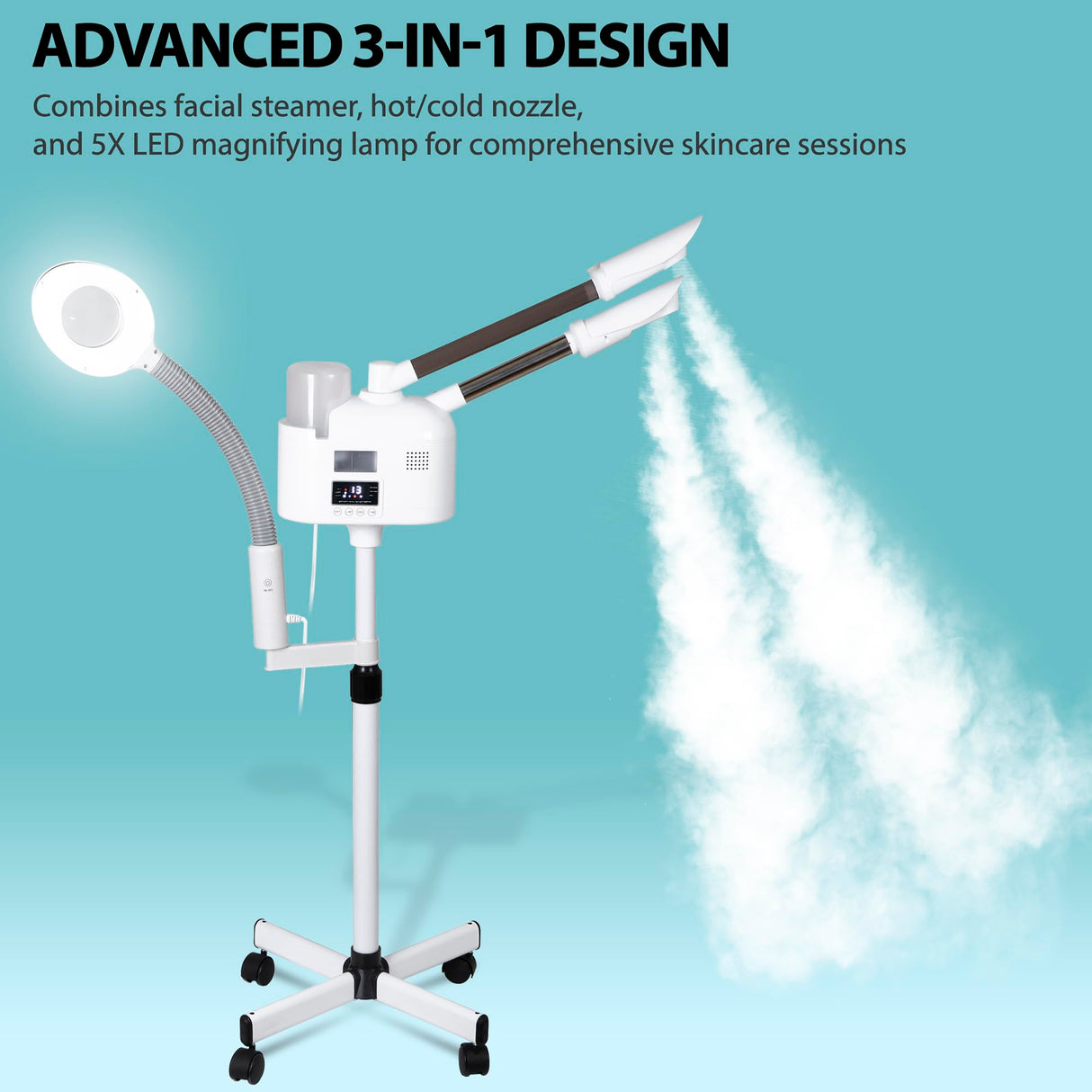 BBBuy Professional 3 in 1 Facial Steamer Deep Cleaning Ozone Facial Steamer with 5X Magnifying Light & Rolling Wheels Hot/Cold Mist Function for Salon Spa Home Beauty Equipment, White