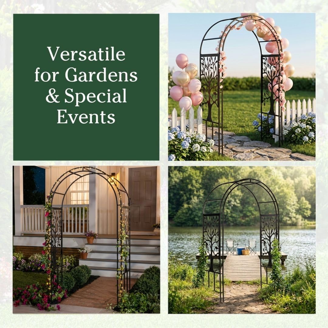 Plow & Hearth Metal Garden Arch Trellis Arbor Tree of Life Panels, 7 feet Freestanding Outdoor Arch Trellis for Climbing Plants, Pathway Entry and Wedding Garden Decor