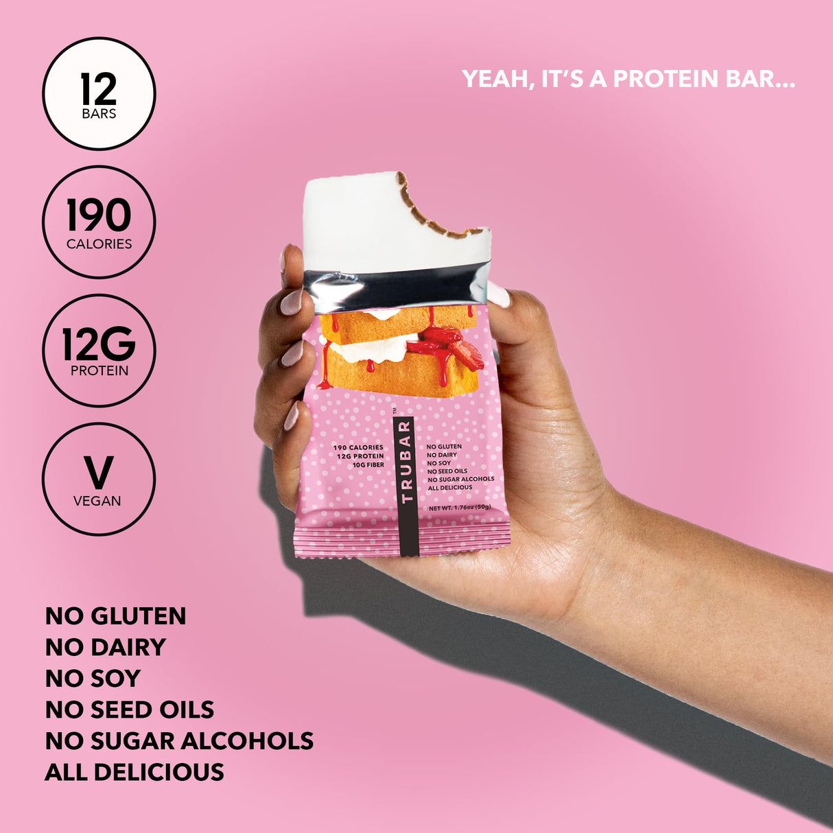 TRUBAR Vegan Protein Bar, Strawberry Shorty Got Cake, Gluten Free, Plant Based Protein, Dairy Free, Non GMO, Soy Free, No Sugar Alcohols, 12G Protein, 12G Fiber, 23G Carb, On the Go Snack Bars, 12 CT