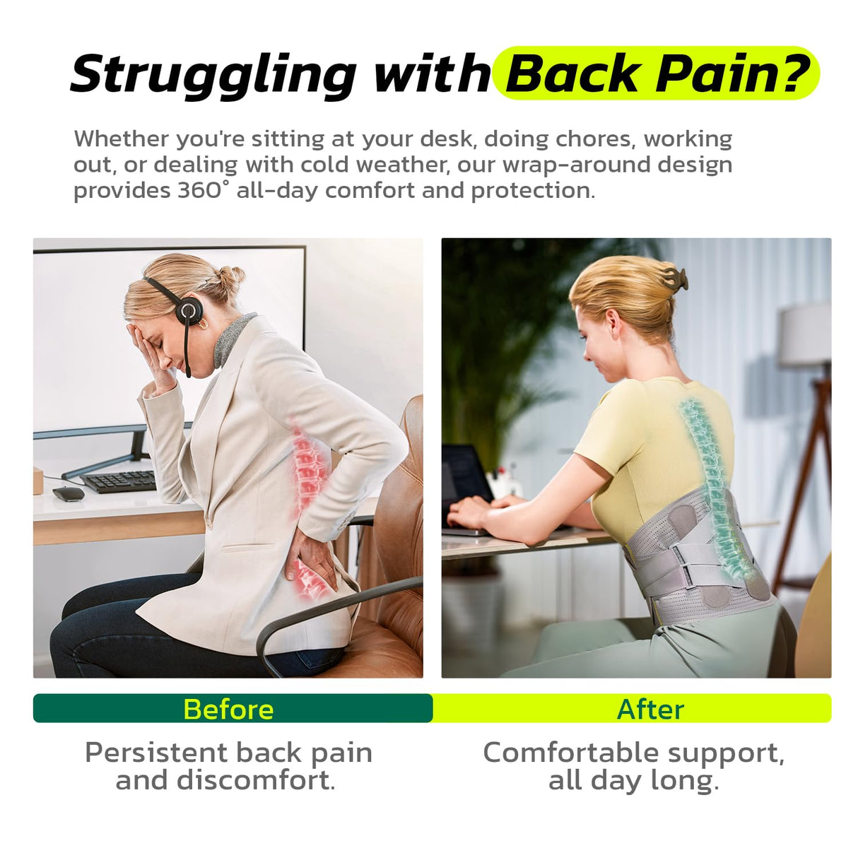 aoFIT Back Brace for Lower Back Pain Relief with 360-Degree Biochemical Hug Support, Back Support Belt for Men and Women, Soft Breathable Fabric Lumbar Support for Herniated Disc, Sciatica L